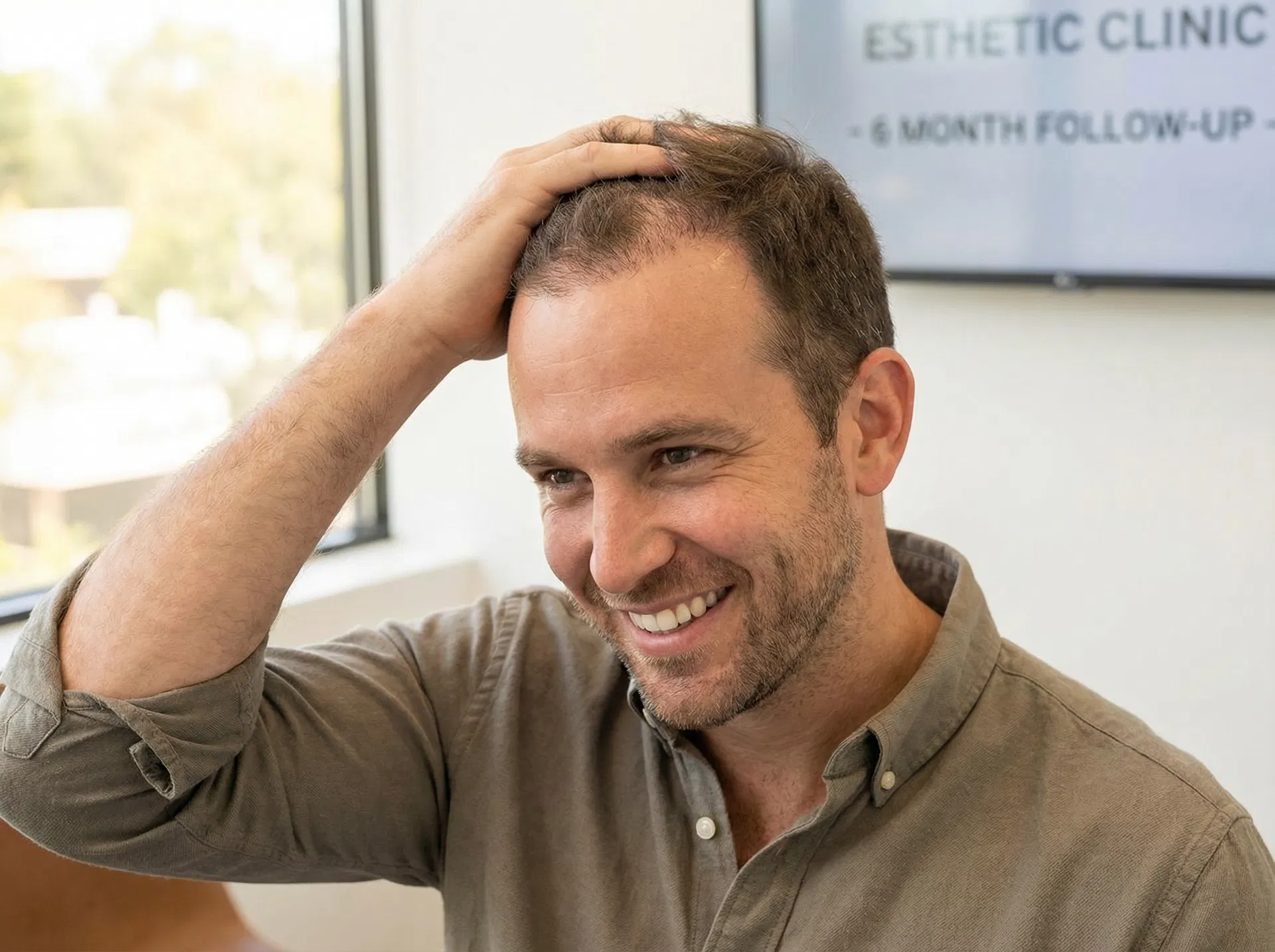 Man six months after hair transplant in Turkey showing significant visible hair growth and natural-looking hairline taking shape