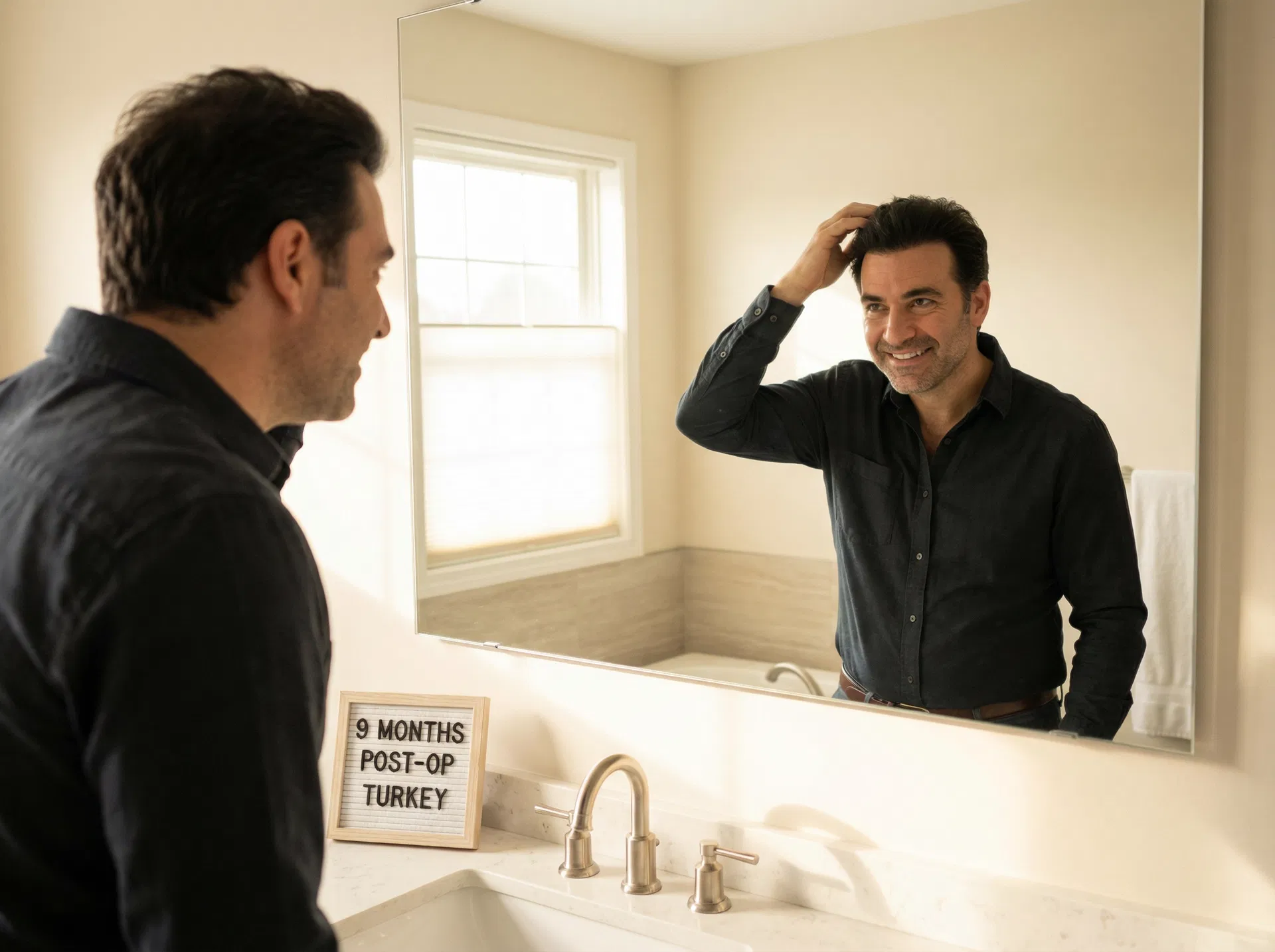 Happy man nine months after Turkey hair transplant admiring significant hair growth results while styling his new hair in mirror