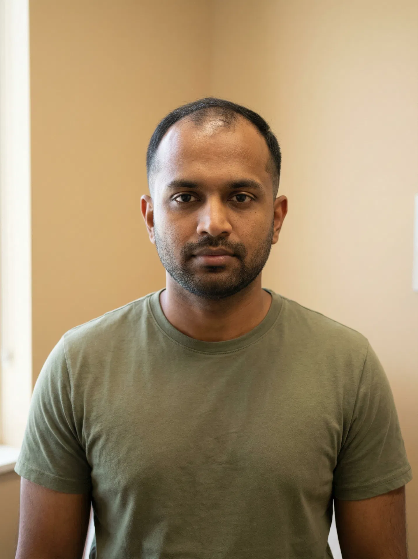 South Asian man before hair transplant showing receding hairline and temple thinning at Norwood stage 3 front view