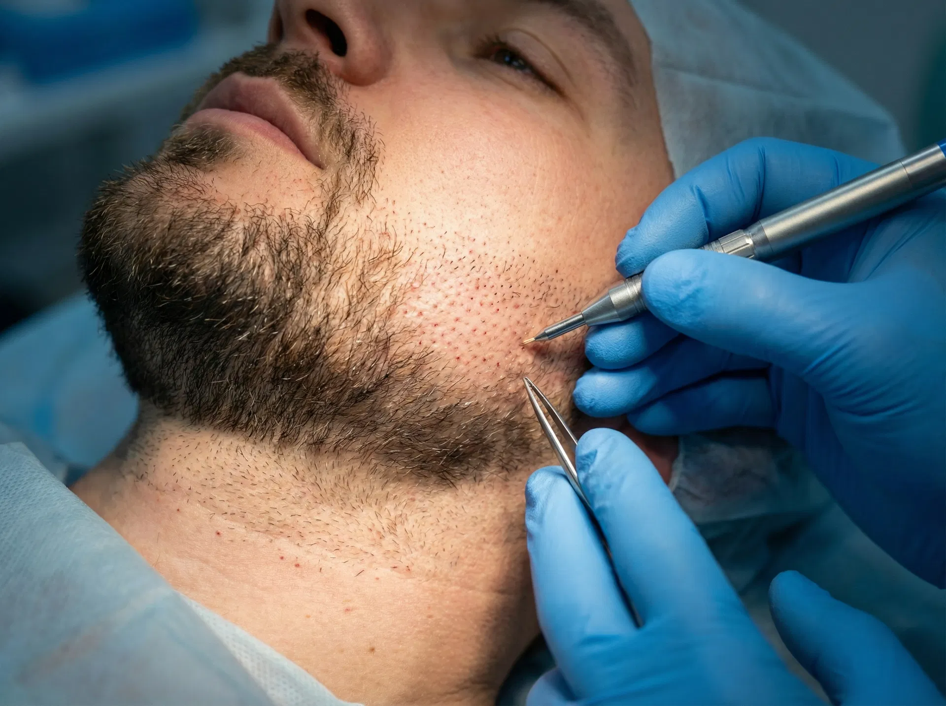 Close-up of a surgeon performing beard graft implantation on a patient's jawline using a DHI Choi pen