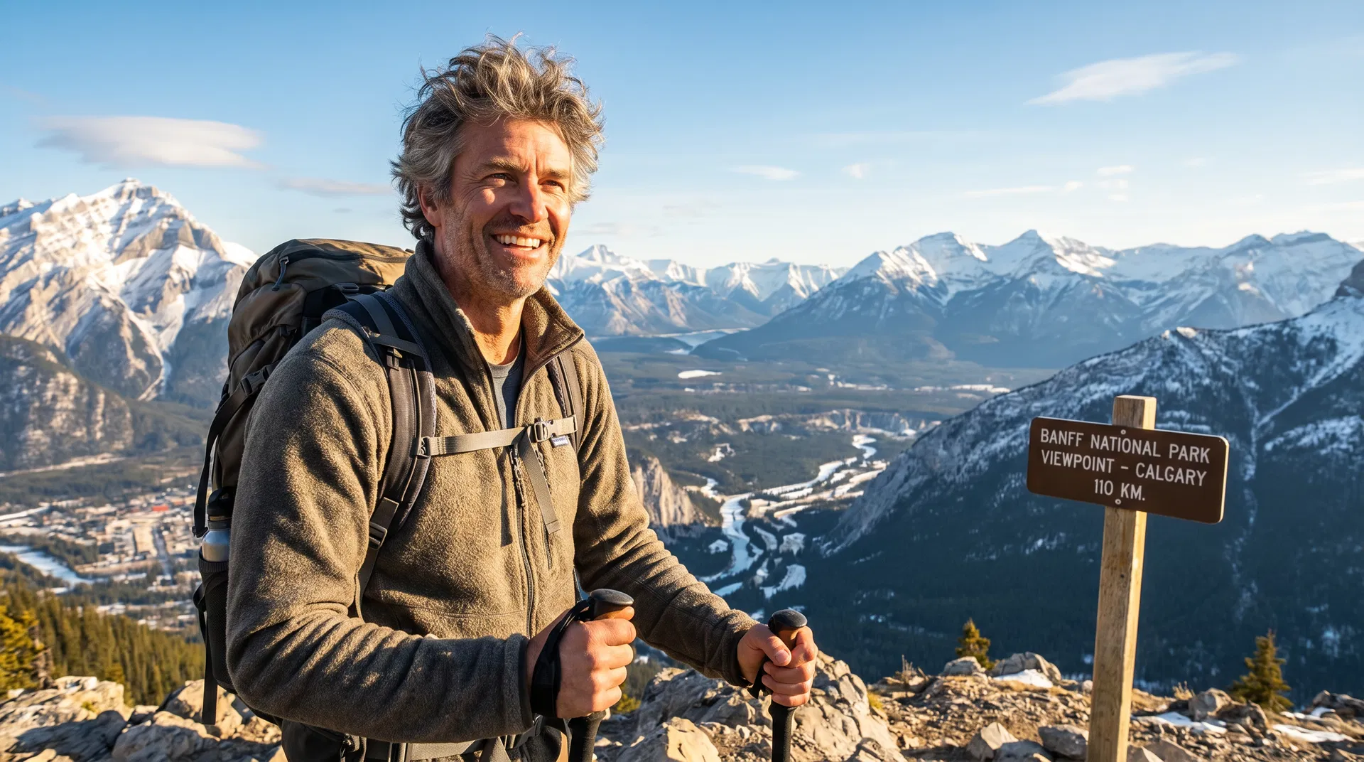 Confident man at Rocky Mountain viewpoint near Calgary