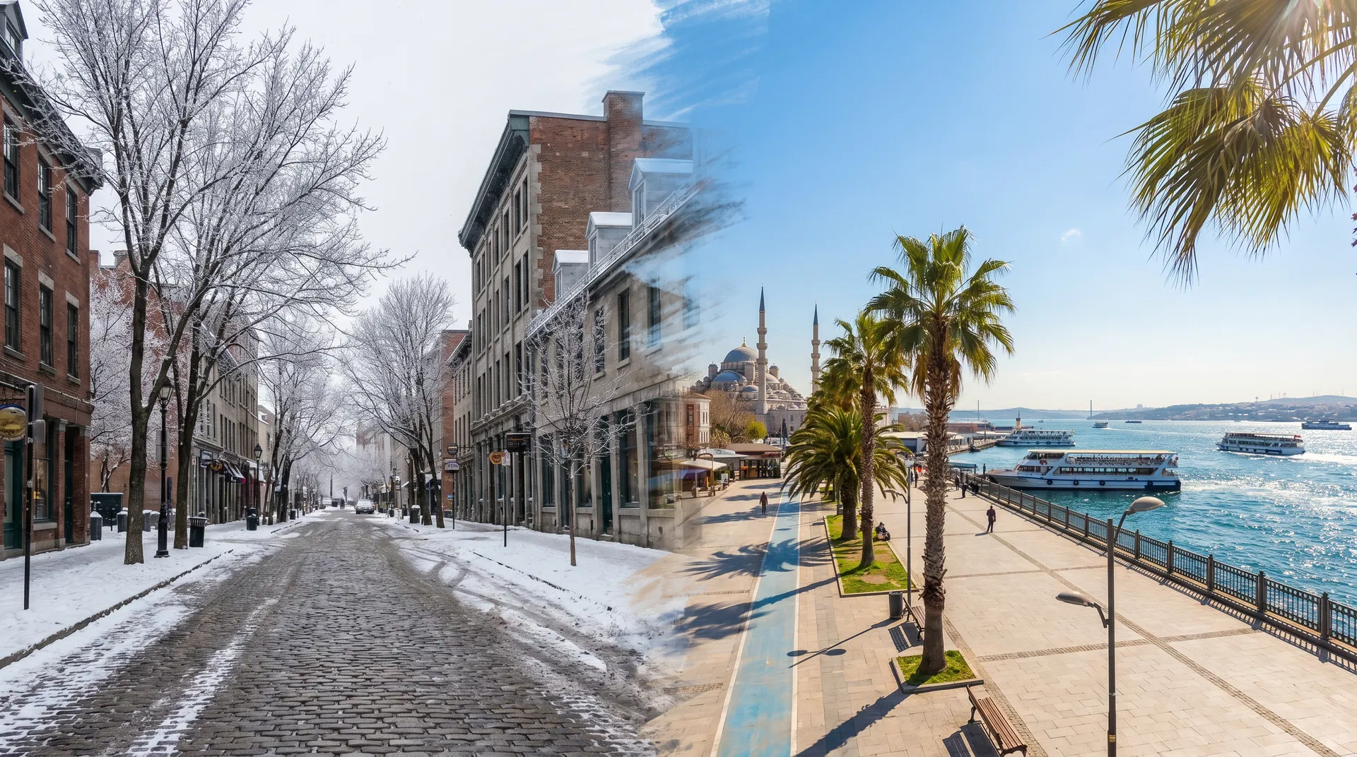 Split scene comparing snowy Canadian city with sunny Istanbul waterfront