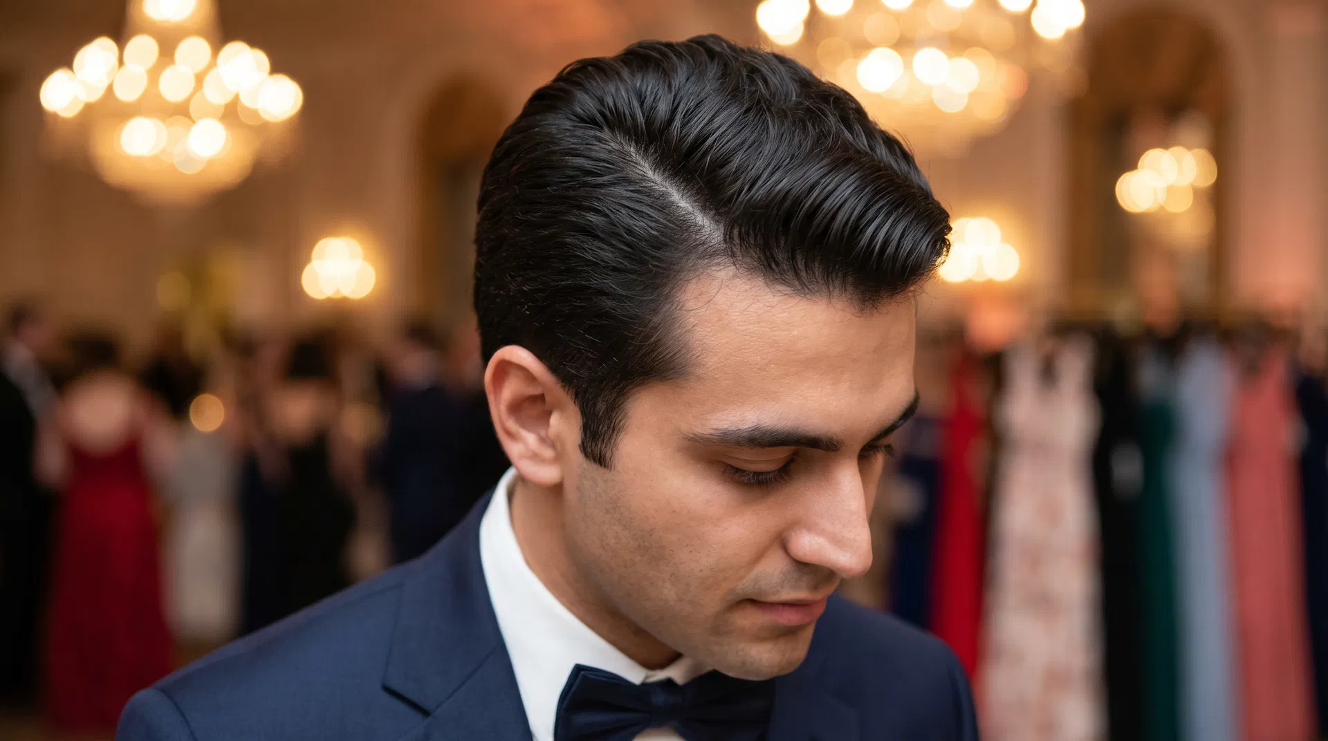 Perfectly styled thick hair on man in suit at formal event