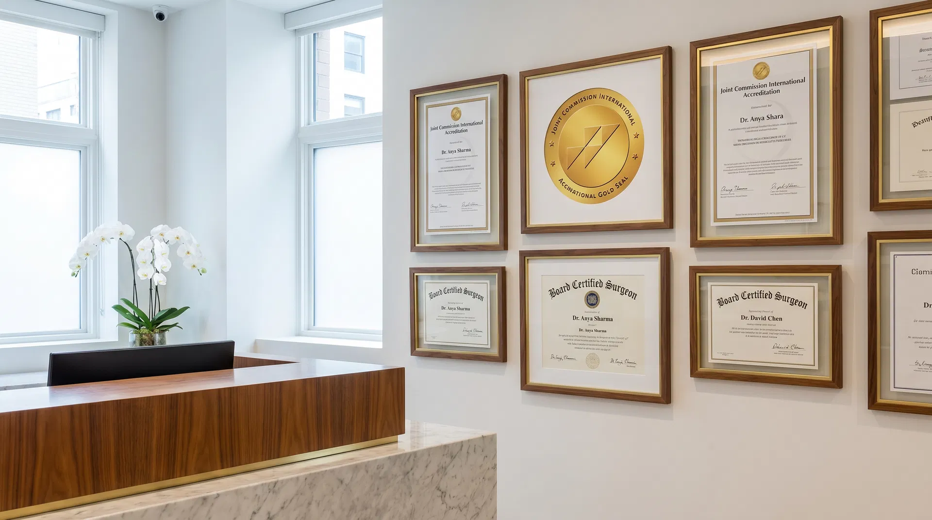 Wall display of international medical accreditation certificates in clinic lobby