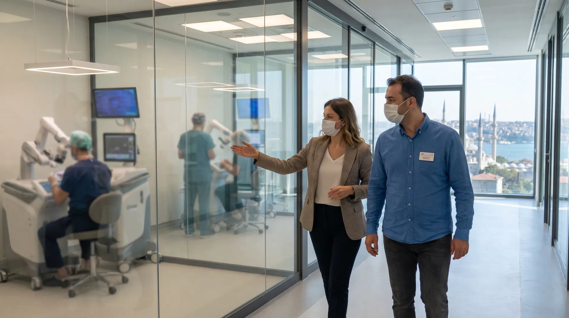 Patient being given a tour of a modern hair transplant clinic in Istanbul
