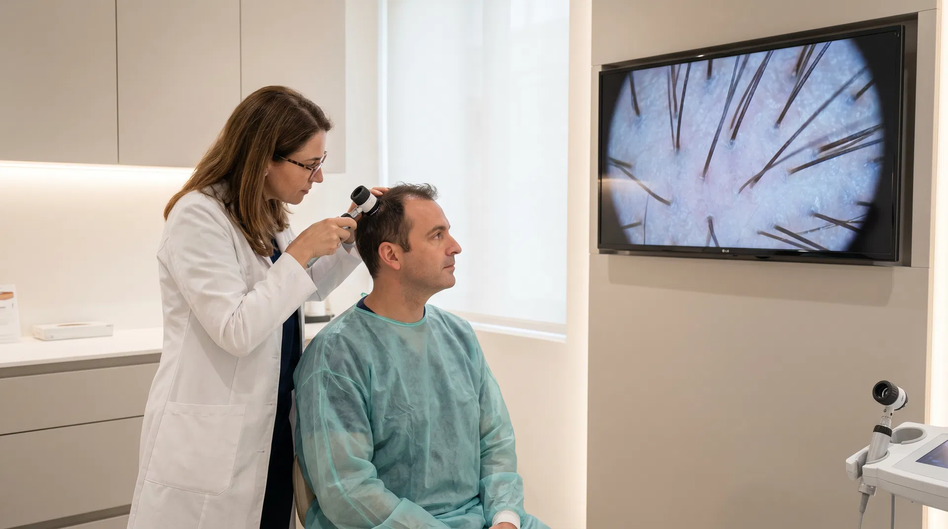 Doctor using dermatoscope to examine patient scalp during consultation