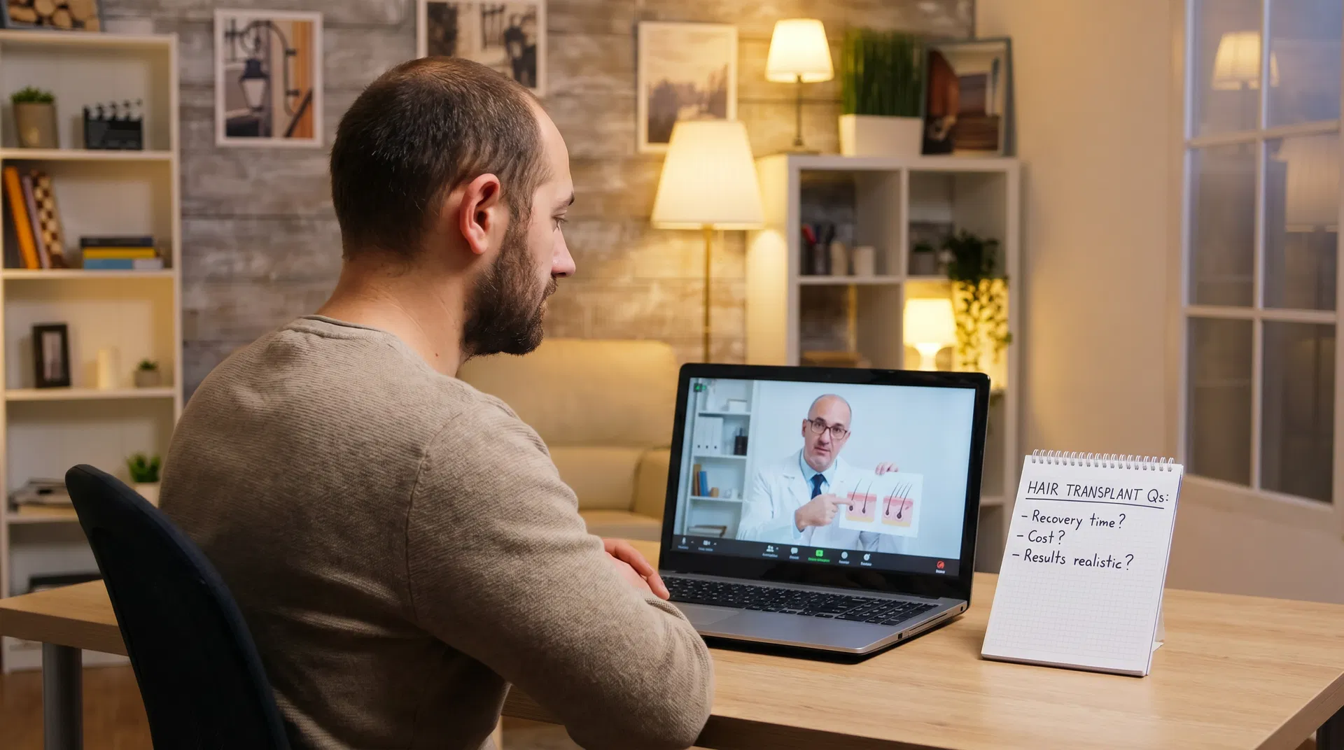 Man having video consultation about hair transplant on laptop at home