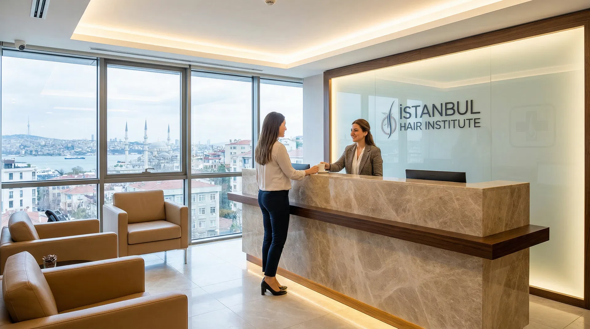 Premium hair transplant clinic reception in Istanbul with Bosphorus views