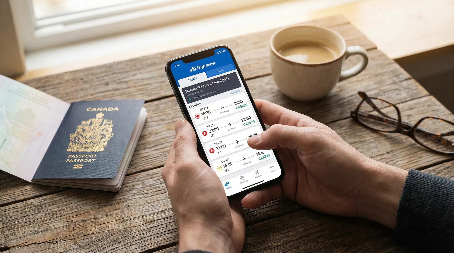 Canadian booking a flight from Toronto to Istanbul on smartphone with passport