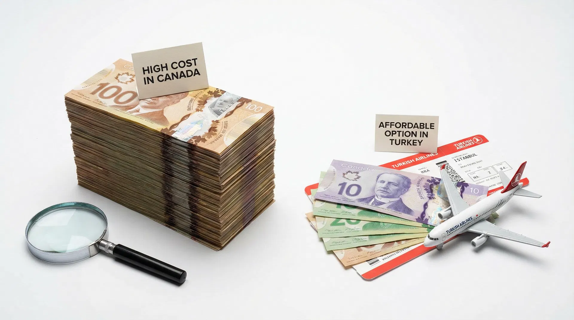 Visual comparison of hair transplant costs showing high cost in Canada versus affordable option in Turkey with Turkish Airlines boarding pass