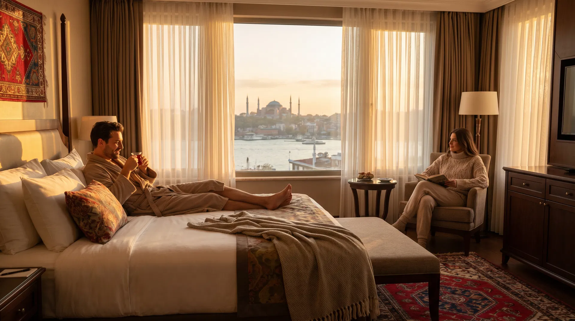 Couple relaxing in luxurious Istanbul hotel room during recovery