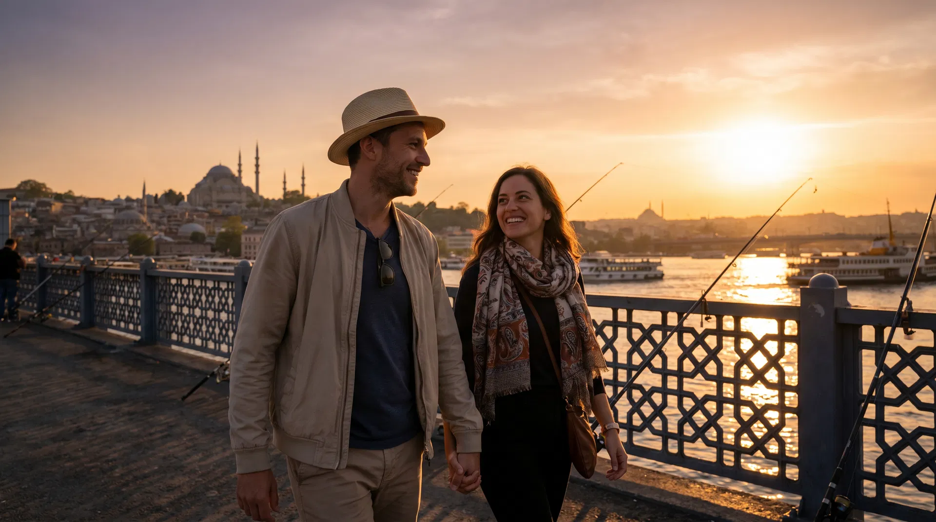 Happy couple walking hand-in-hand across Galata Bridge in Istanbul at sunset
