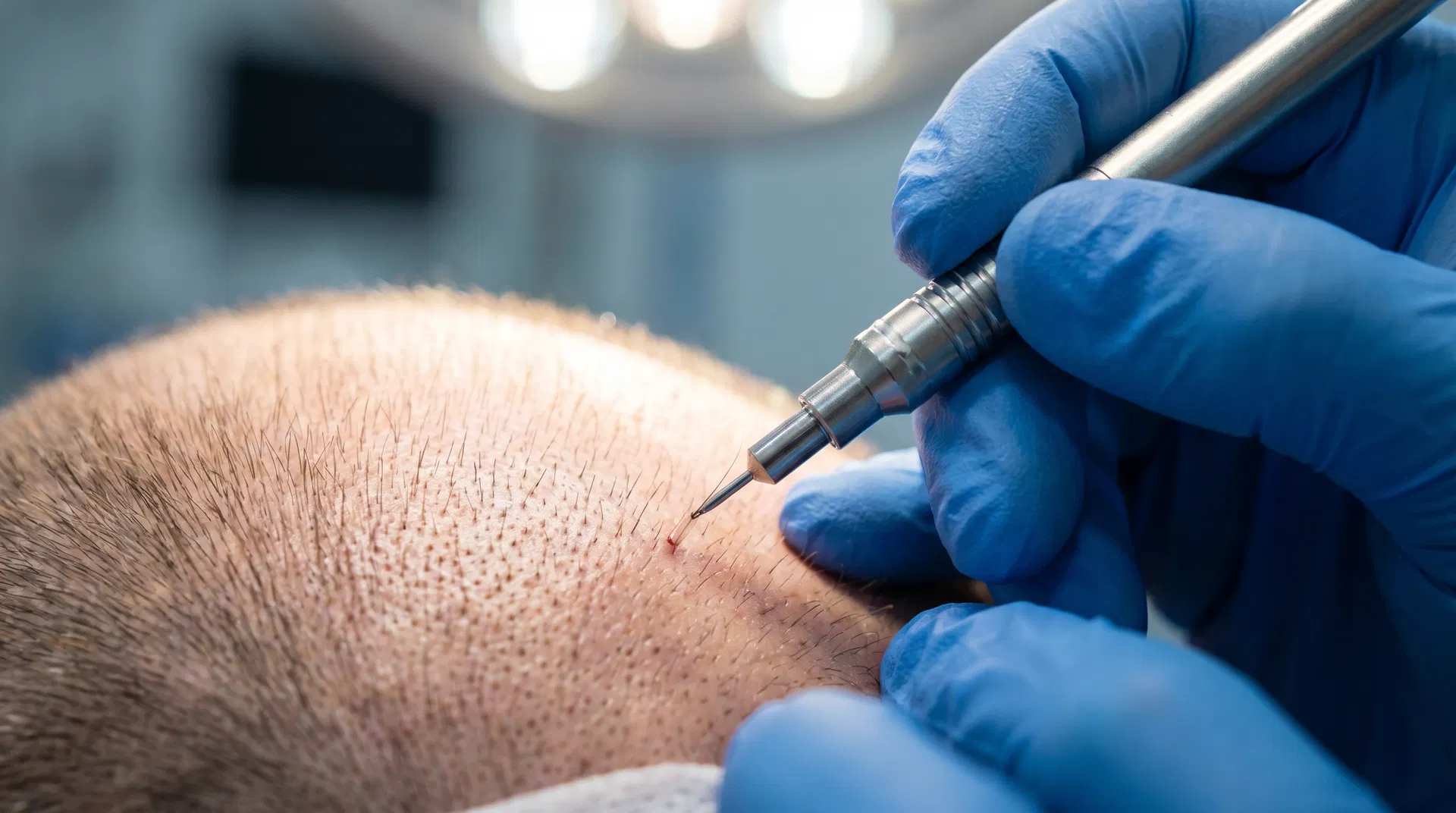 Close-up of DHI Choi implanter pen being used during hair transplant procedure