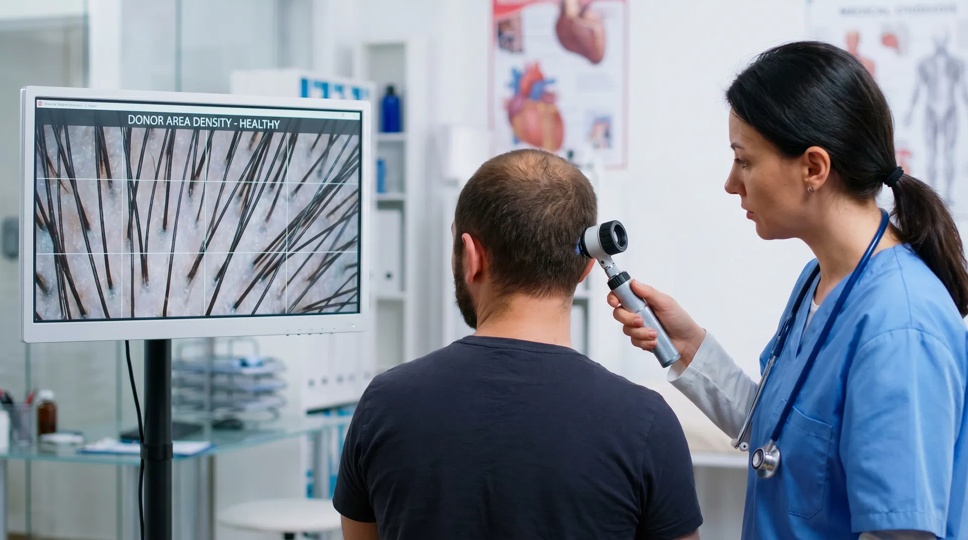 Doctor examining donor area hair density with dermatoscope