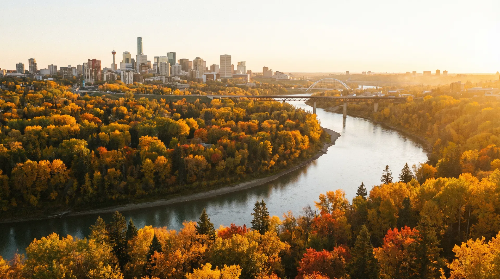 Edmonton river valley with North Saskatchewan River and autumn colours