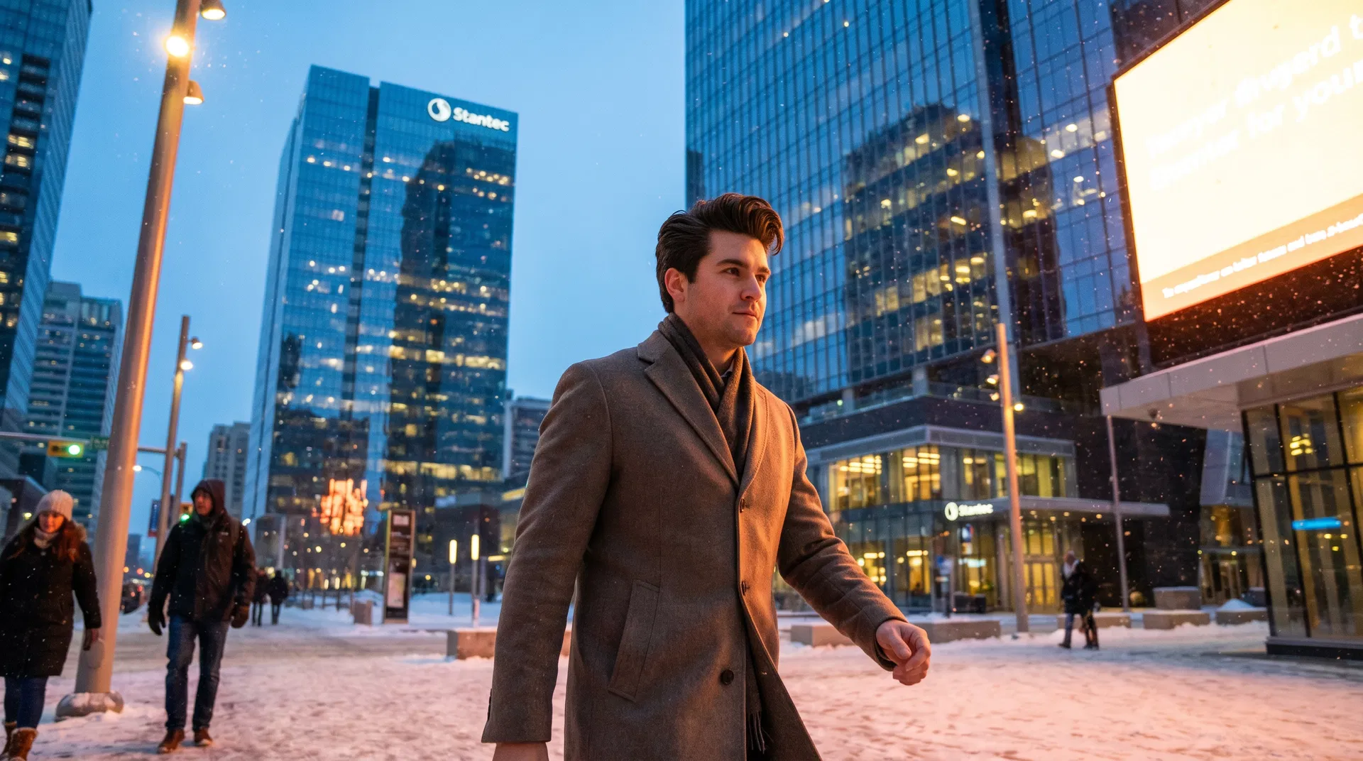 Man walking confidently through Edmonton Ice District in winter