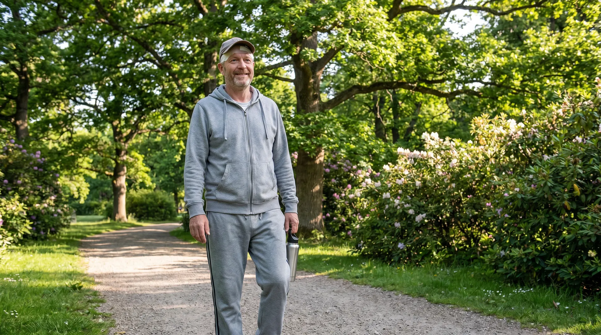 Man doing gentle walk in park 2 weeks after hair transplant