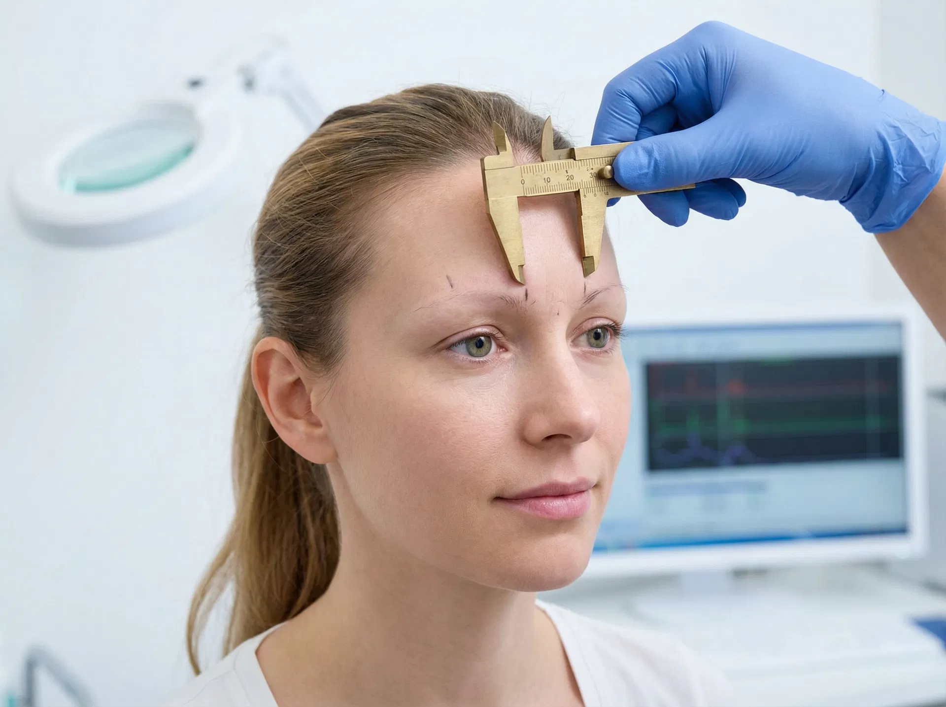 A woman with extremely faded, barely visible eyebrows being measured with golden ratio calipers during a consultation