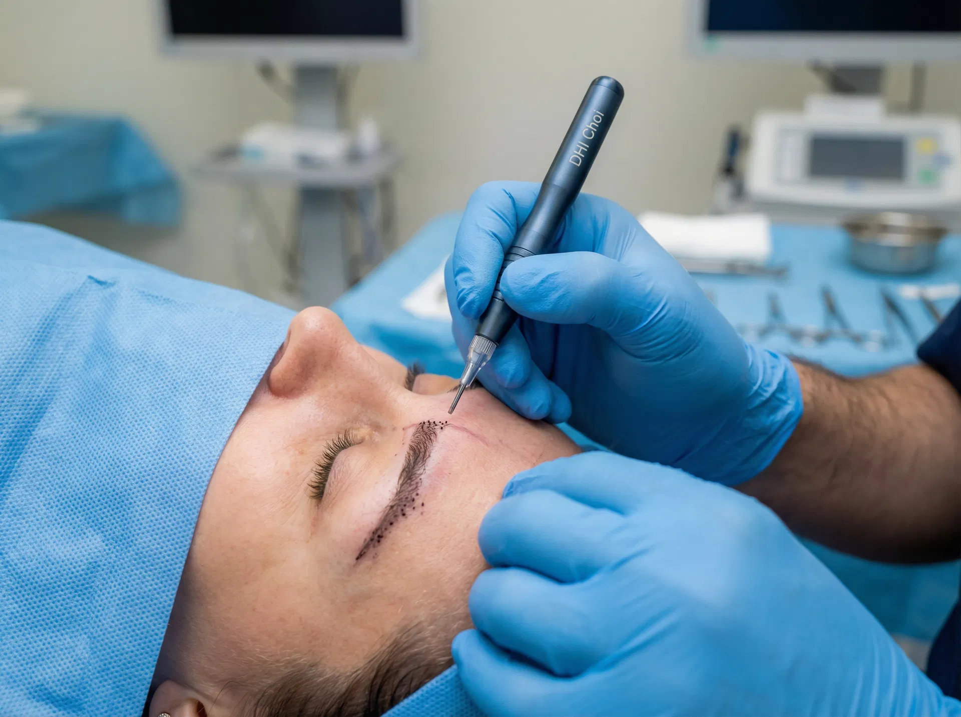 Close-up of an eyebrow transplant in progress with a DHI Choi implanter pen implanting grafts into the brow area