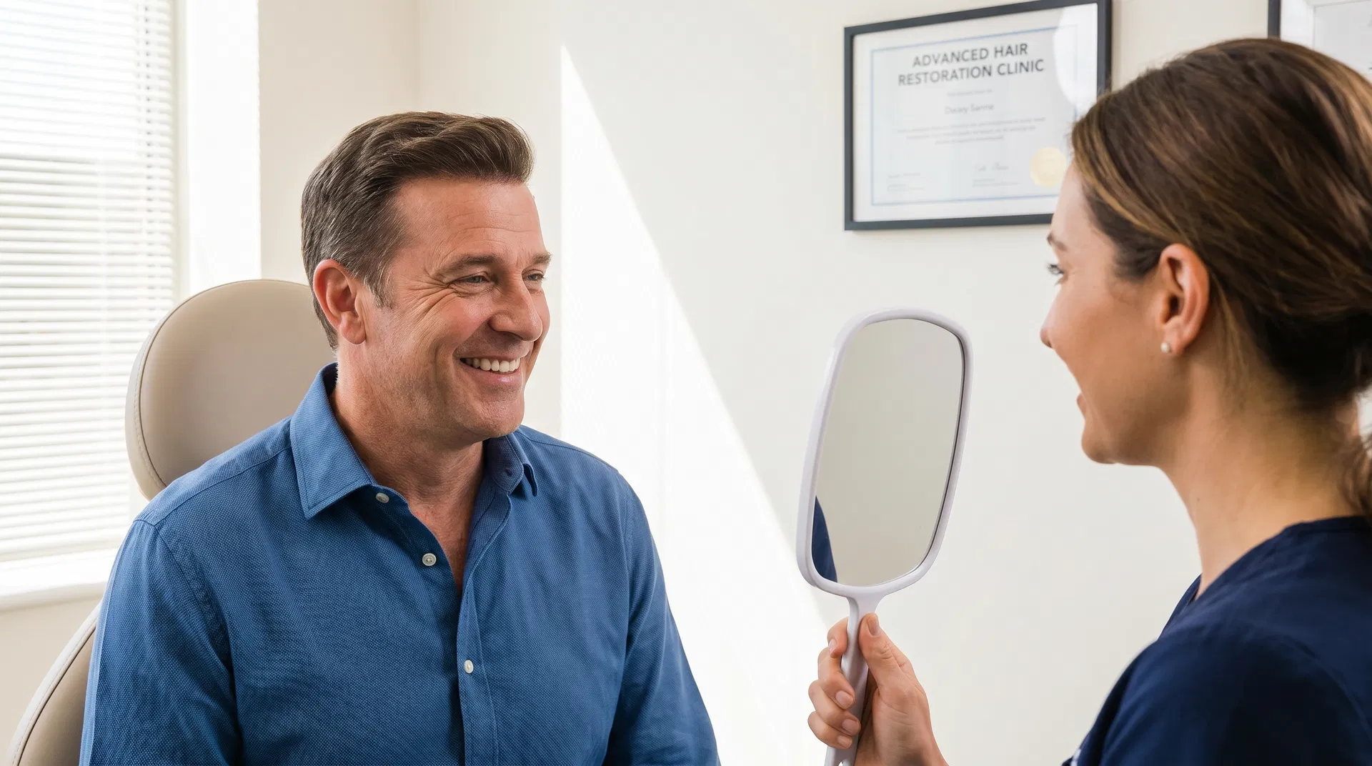 Man smiling after successful repair procedure with natural-looking hairline