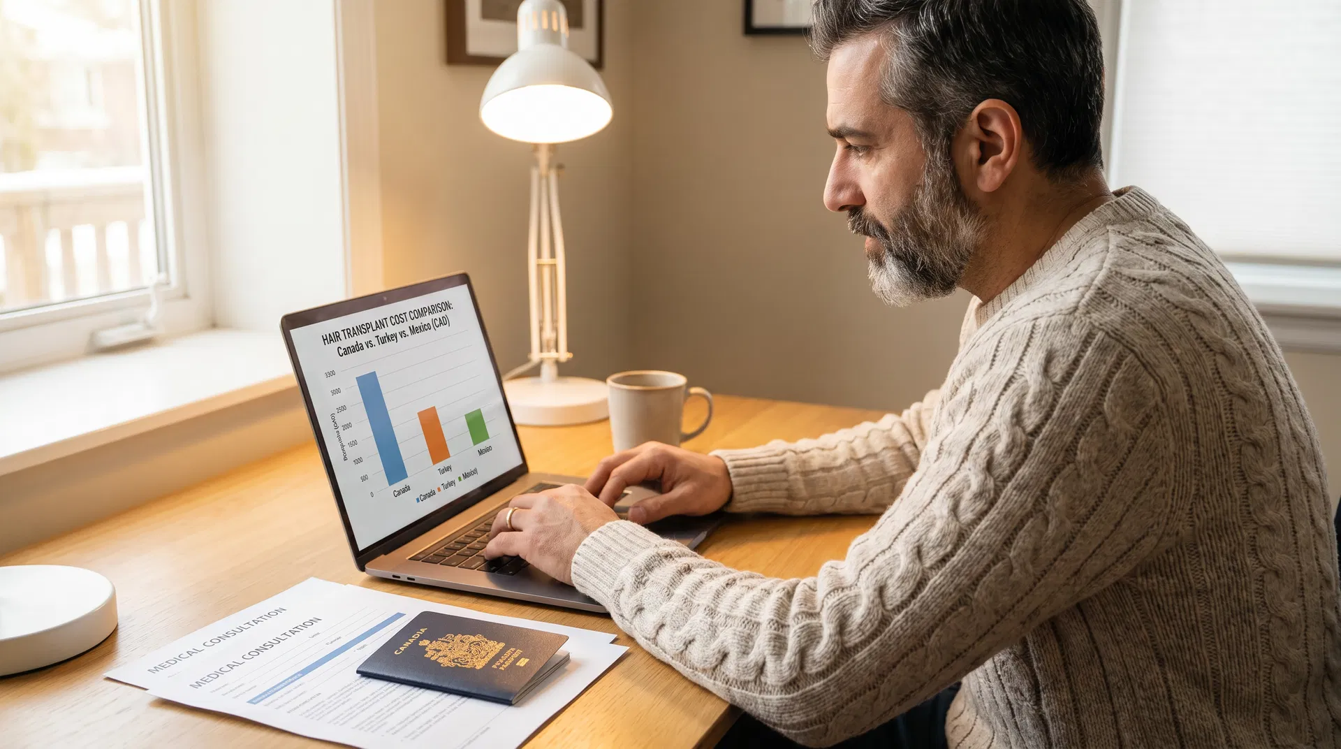 Canadian man reviewing hair transplant costs on laptop at home office