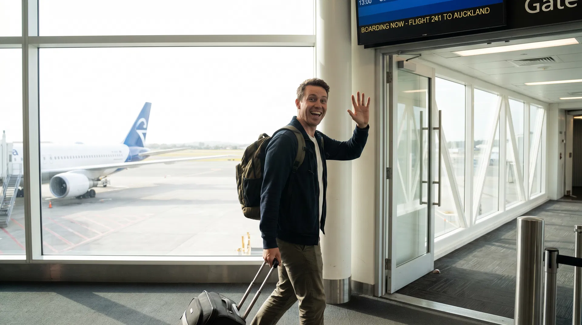 Happy man boarding a plane for hair transplant trip to Turkey