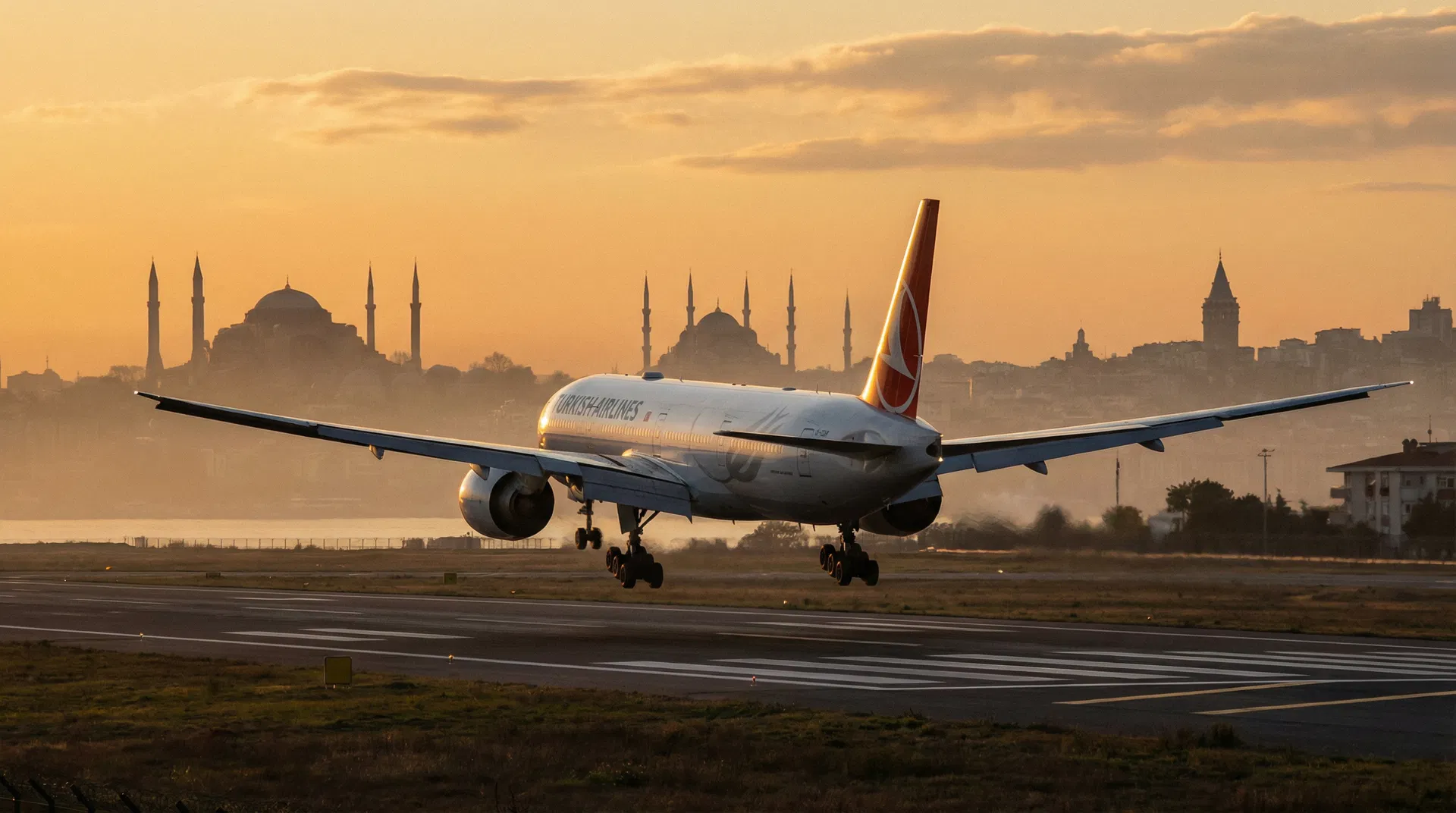 A plane landing in Istanbul at golden hour with the city skyline in the background