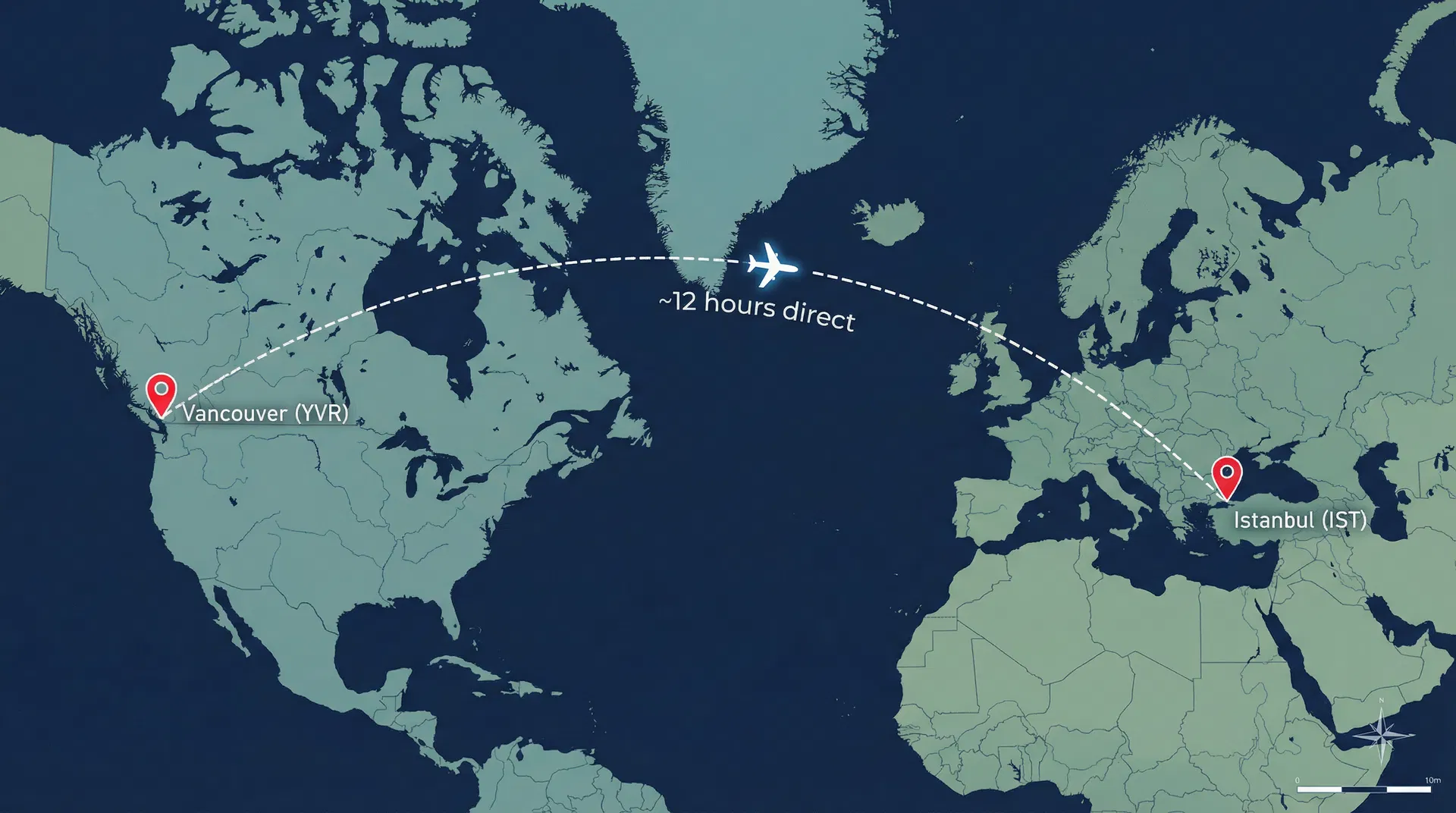 Flight route from Canada to Istanbul, Turkey