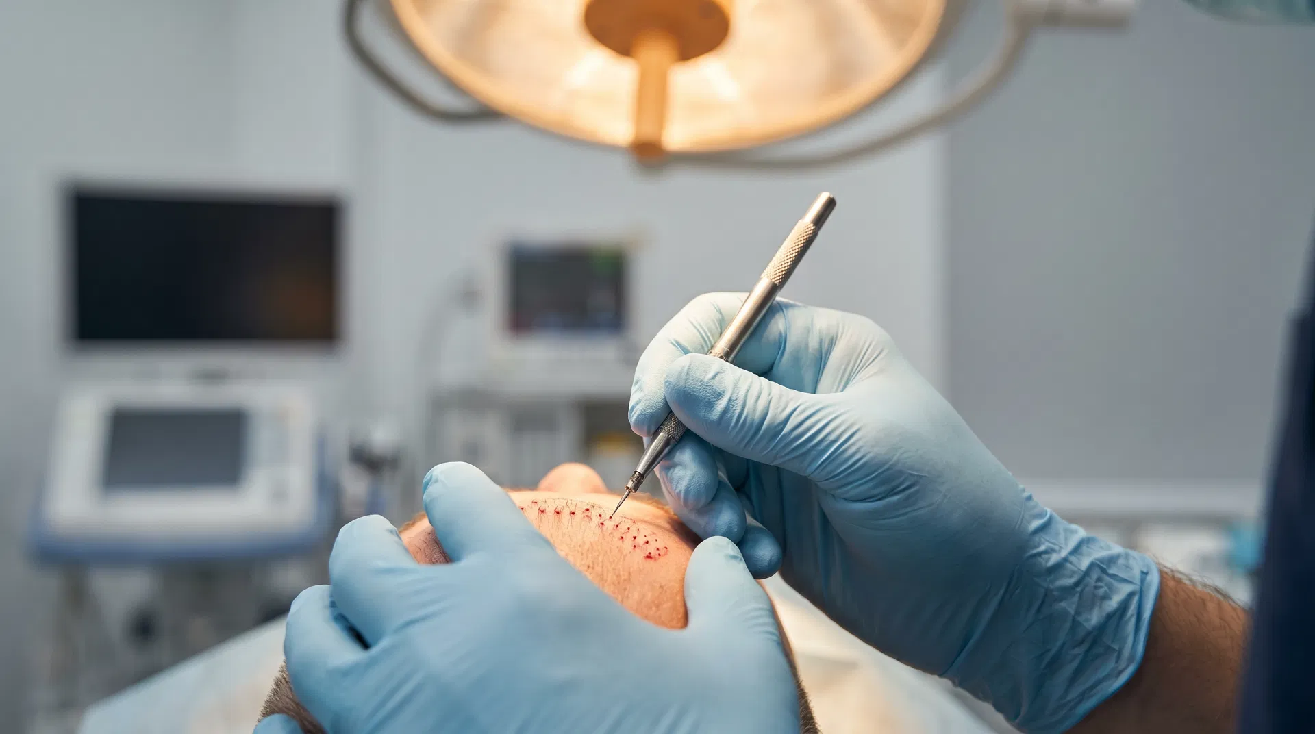 Surgeon performing FUE hair transplant extraction with micro-punch tool under magnification