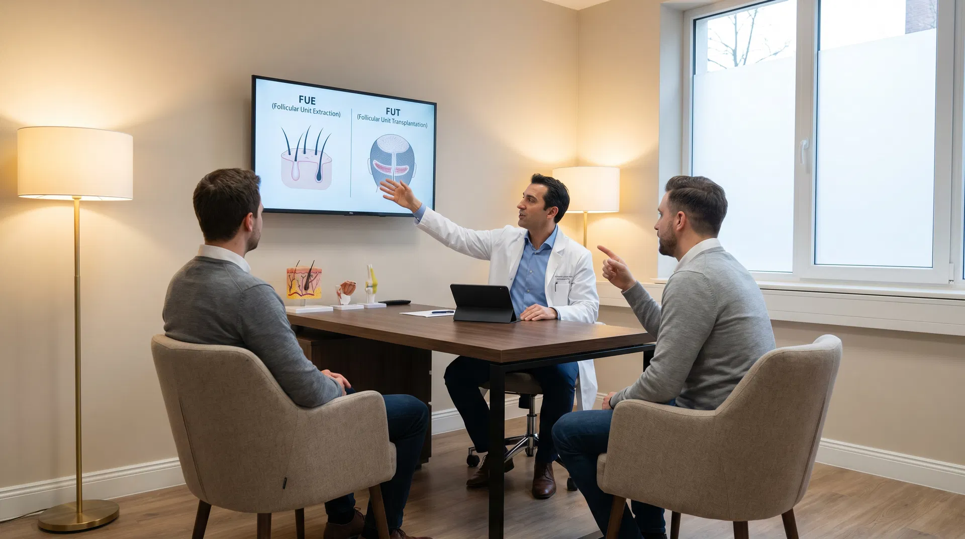 Doctor showing patient FUE vs DHI technique comparison on screen