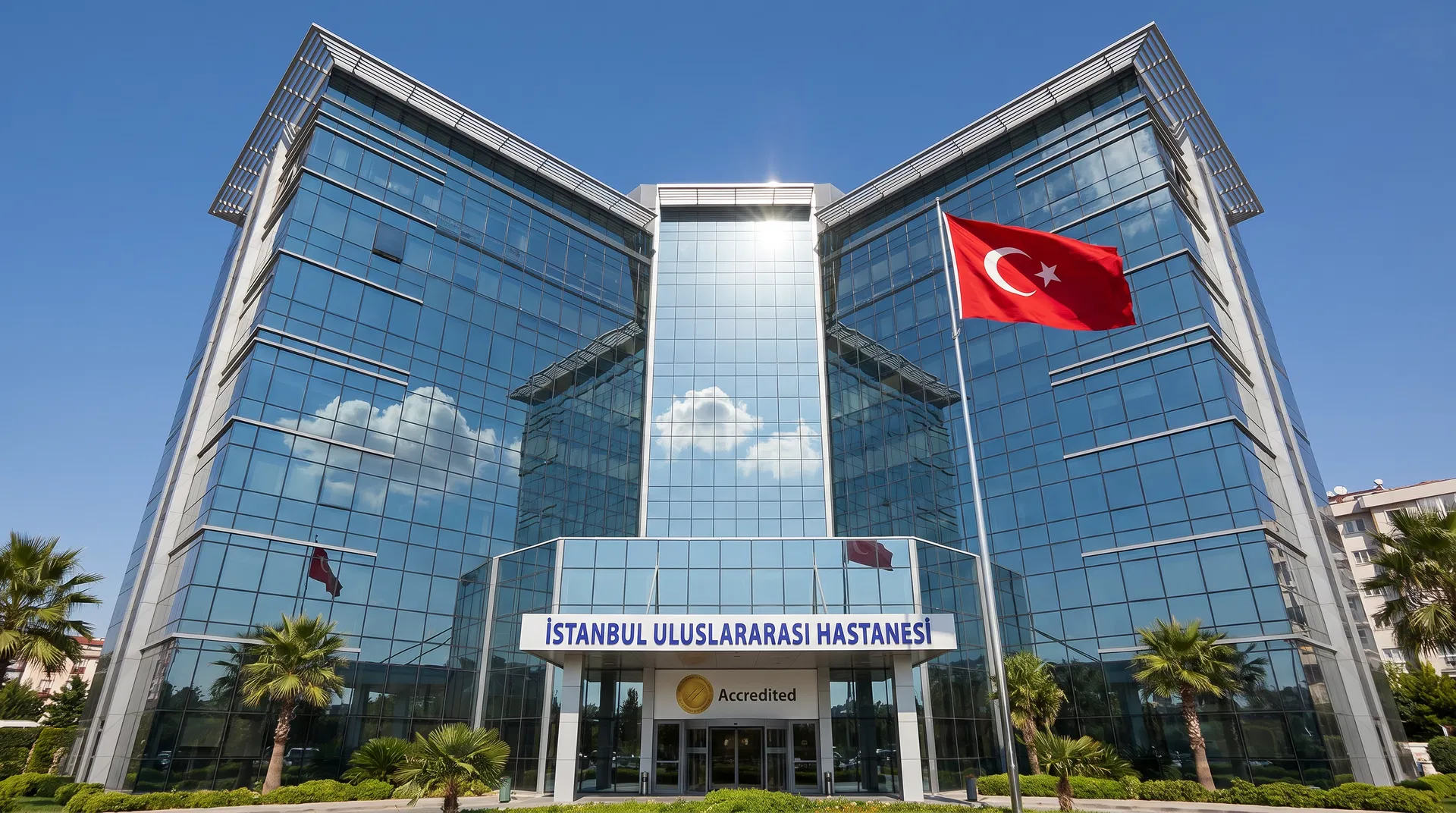 Modern JCI-accredited hospital exterior in Istanbul
