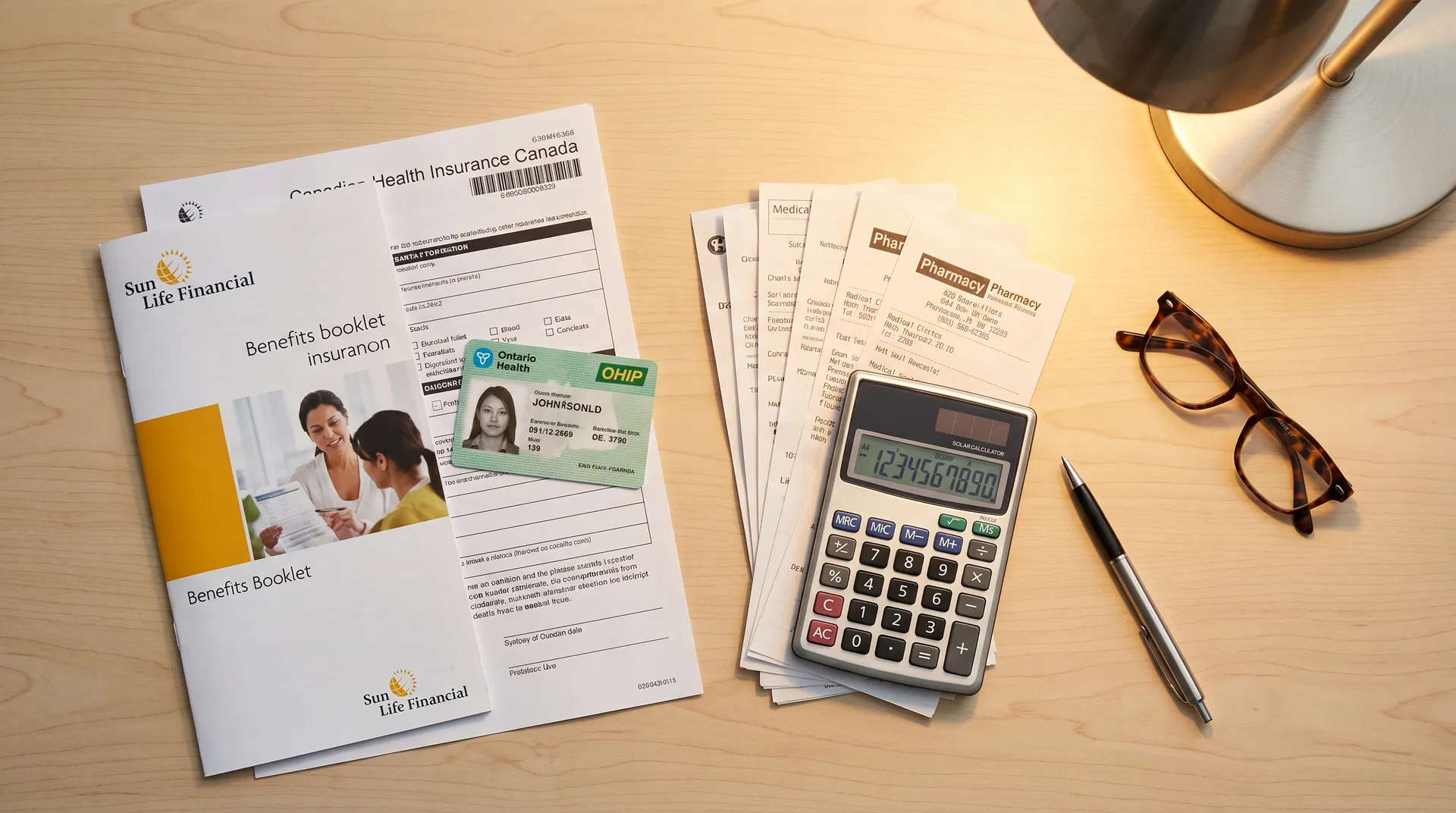 Canadian health insurance documents and provincial health card on desk