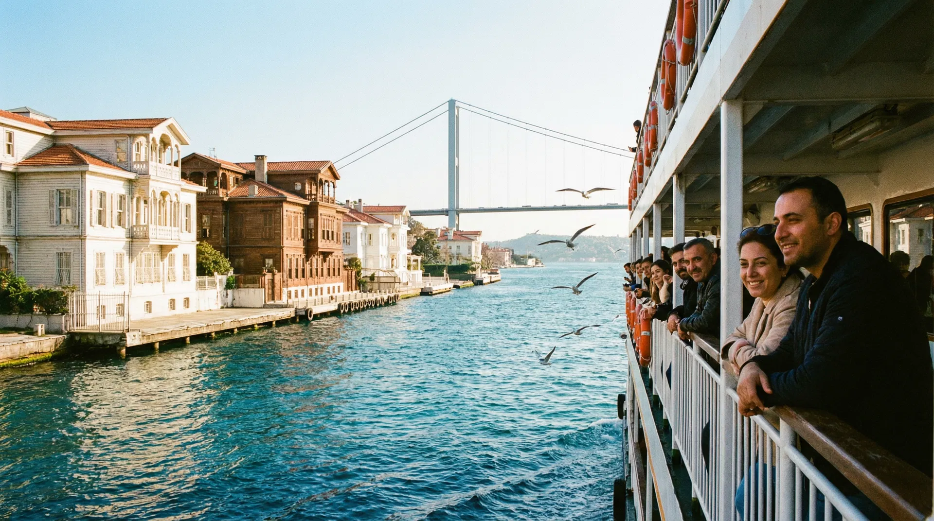 Passengers enjoying a Bosphorus cruise with Ottoman waterfront mansions and the Bosphorus Bridge