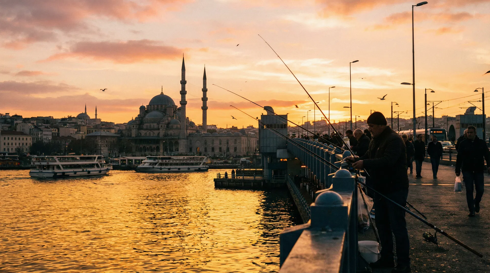Fishermen on Galata Bridge at sunset with mosque silhouette