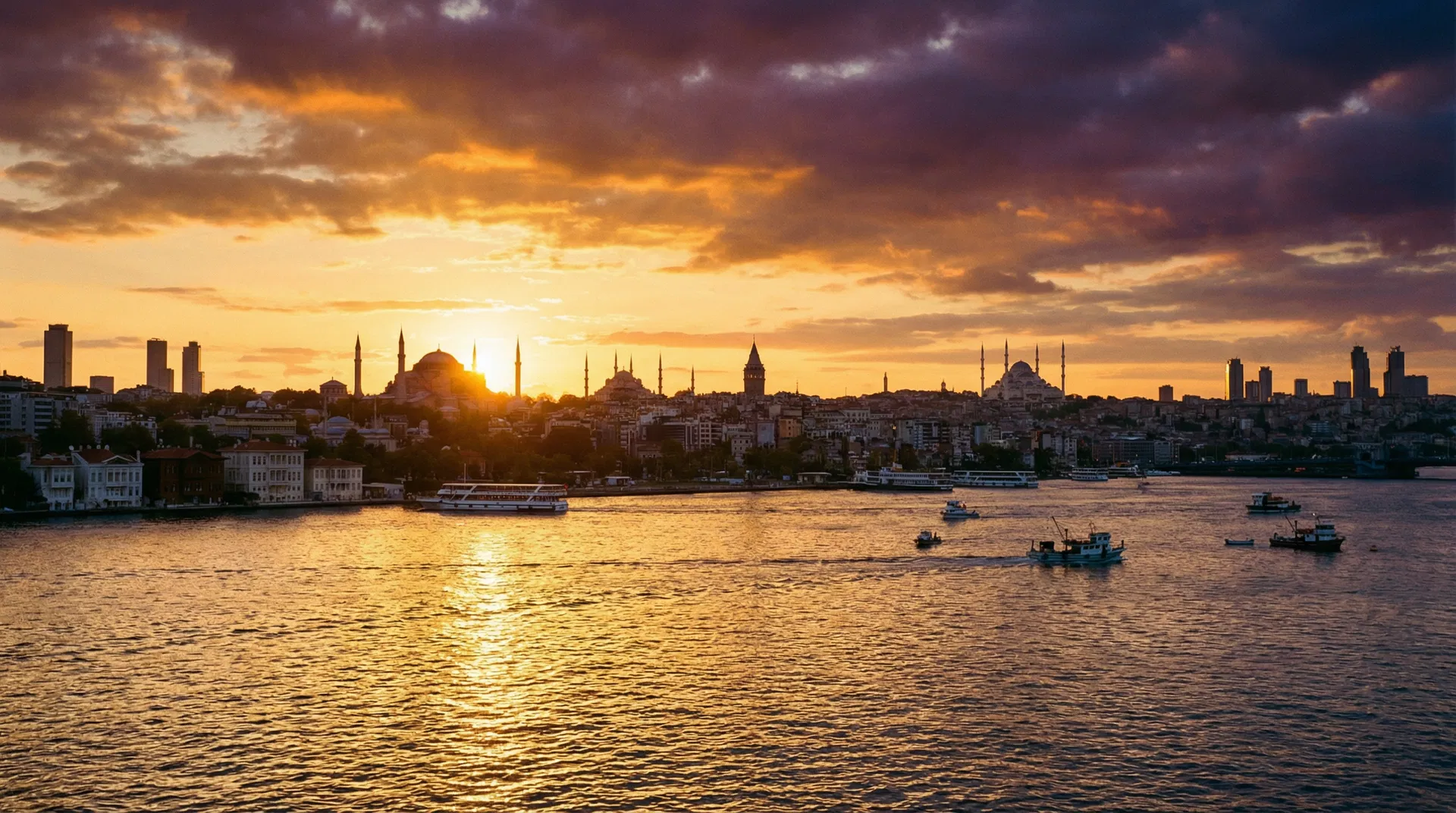 Golden hour panorama of the Bosphorus with mosque silhouettes and boats