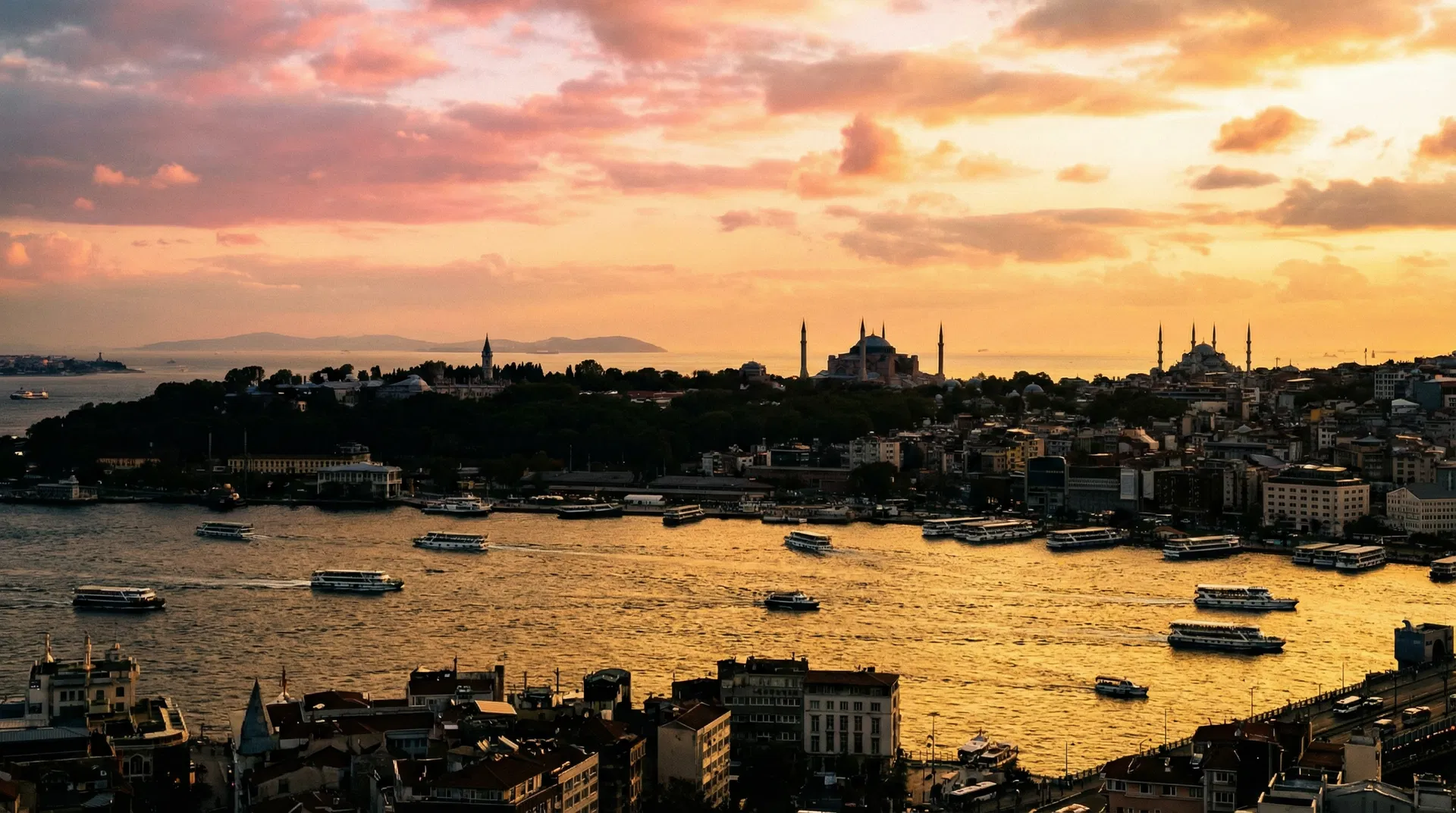 Istanbul panoramic skyline at golden hour with mosques and Bosphorus