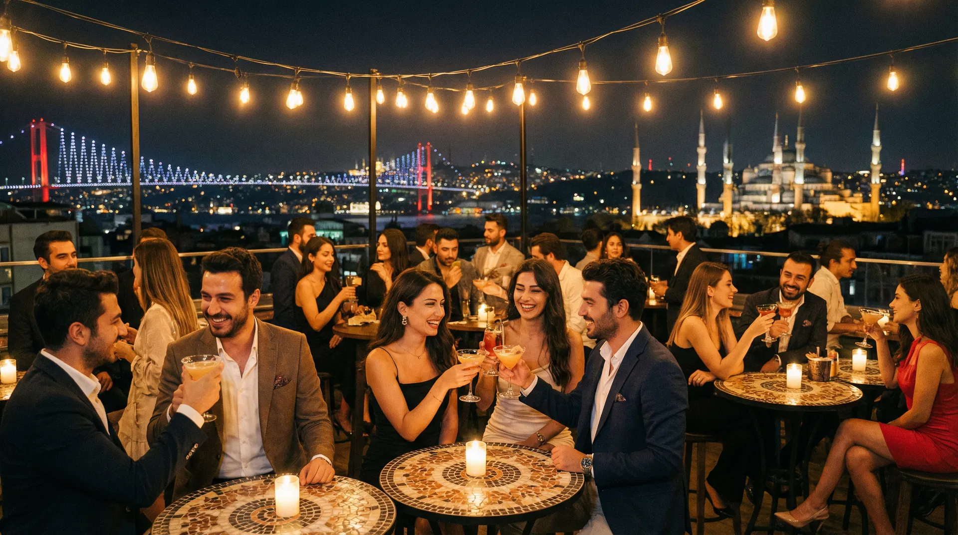 Beautiful people socializing at a glamorous Istanbul rooftop bar with Bosphorus Bridge view at night