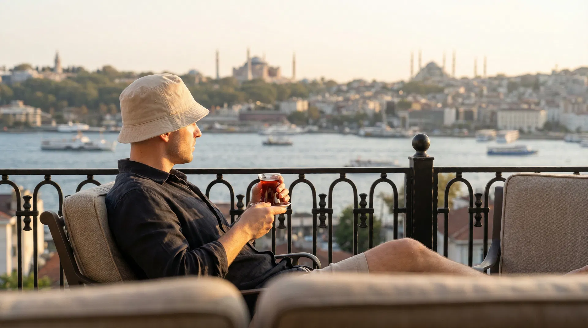 Man wearing a bucket hat over a shaved head relaxing on a hotel balcony overlooking the Istanbul cityscape with Turkish tea after a hair transplant