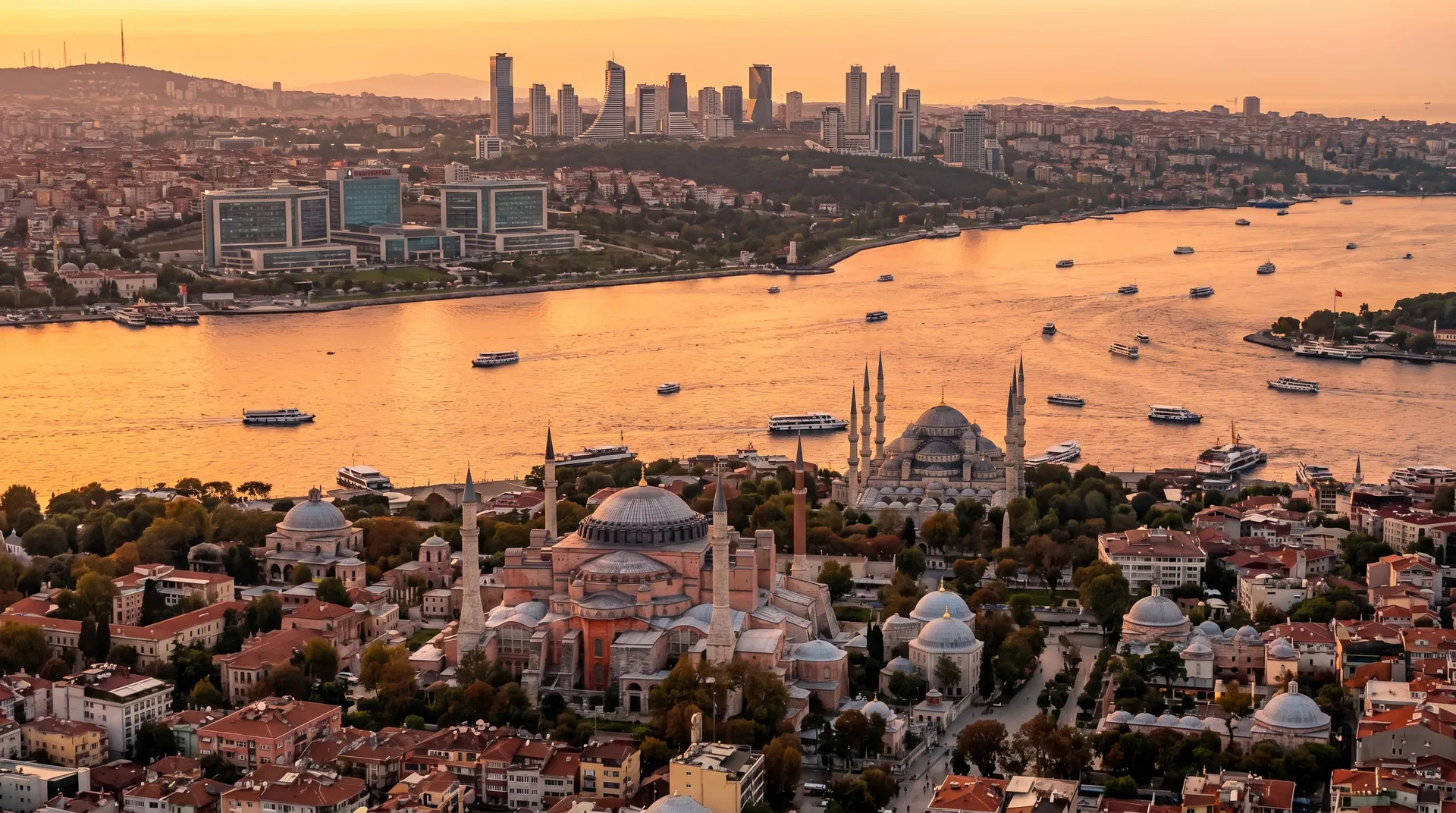 Istanbul historic skyline with Hagia Sophia and Blue Mosque at sunset