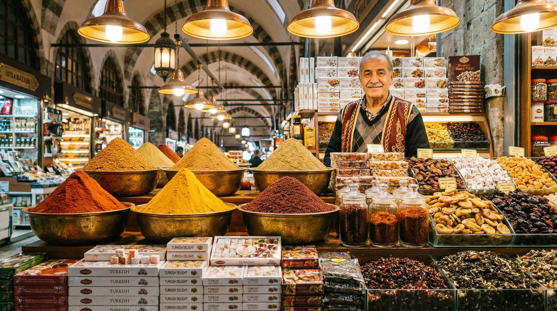 Spice Bazaar vendor with colourful spice pyramids and Turkish delight