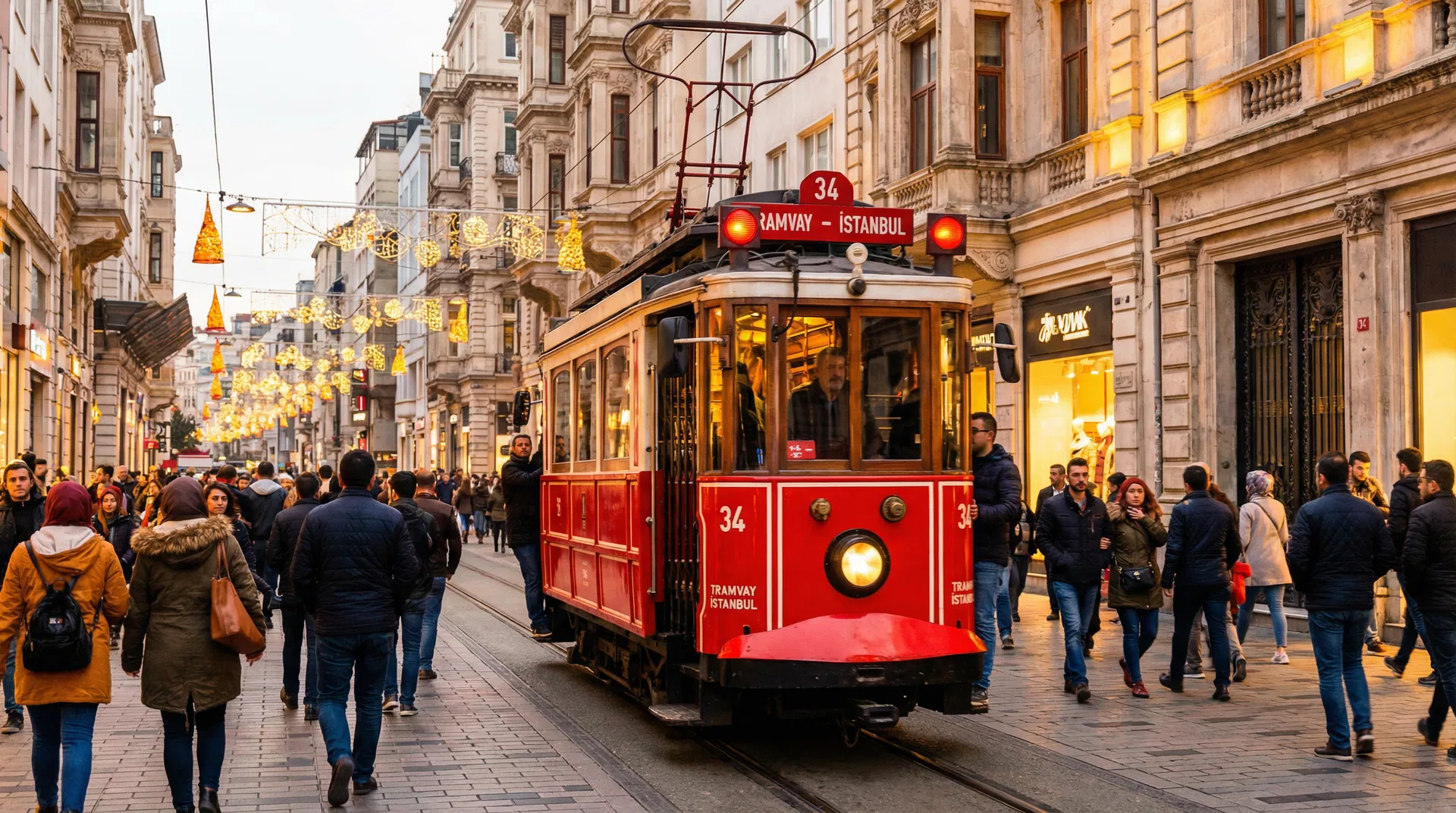 Iconic red tram on Istiklal Avenue