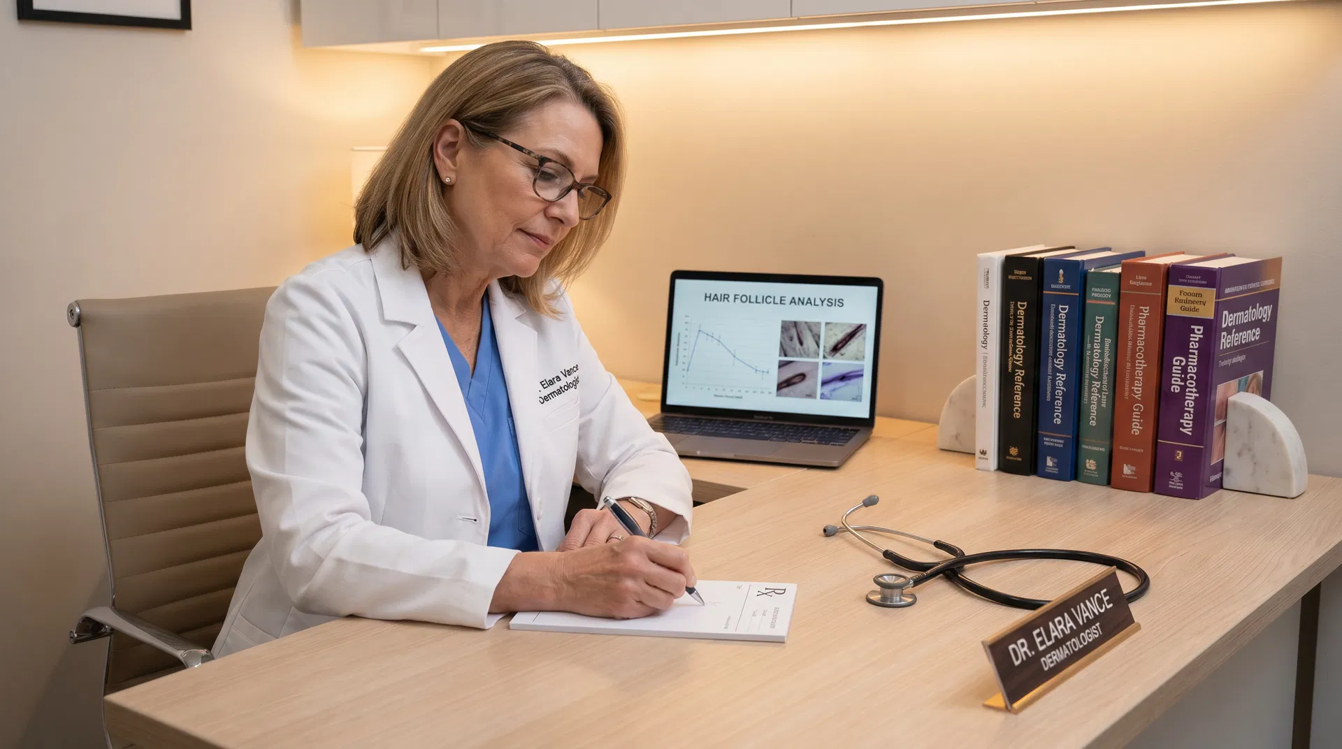 Doctor writing prescription with hair analysis results on laptop