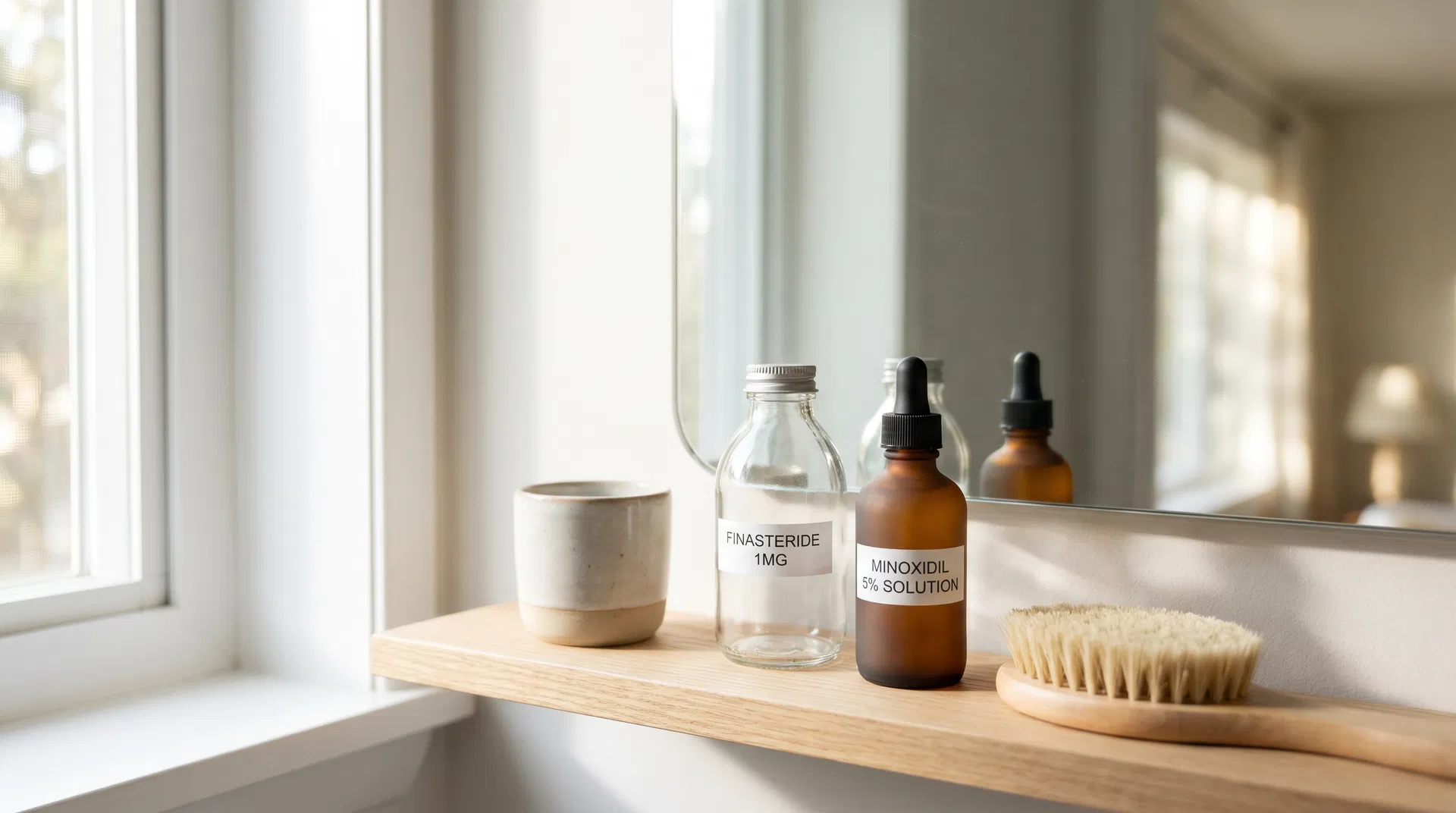 Hair loss medications including finasteride and minoxidil on bathroom shelf