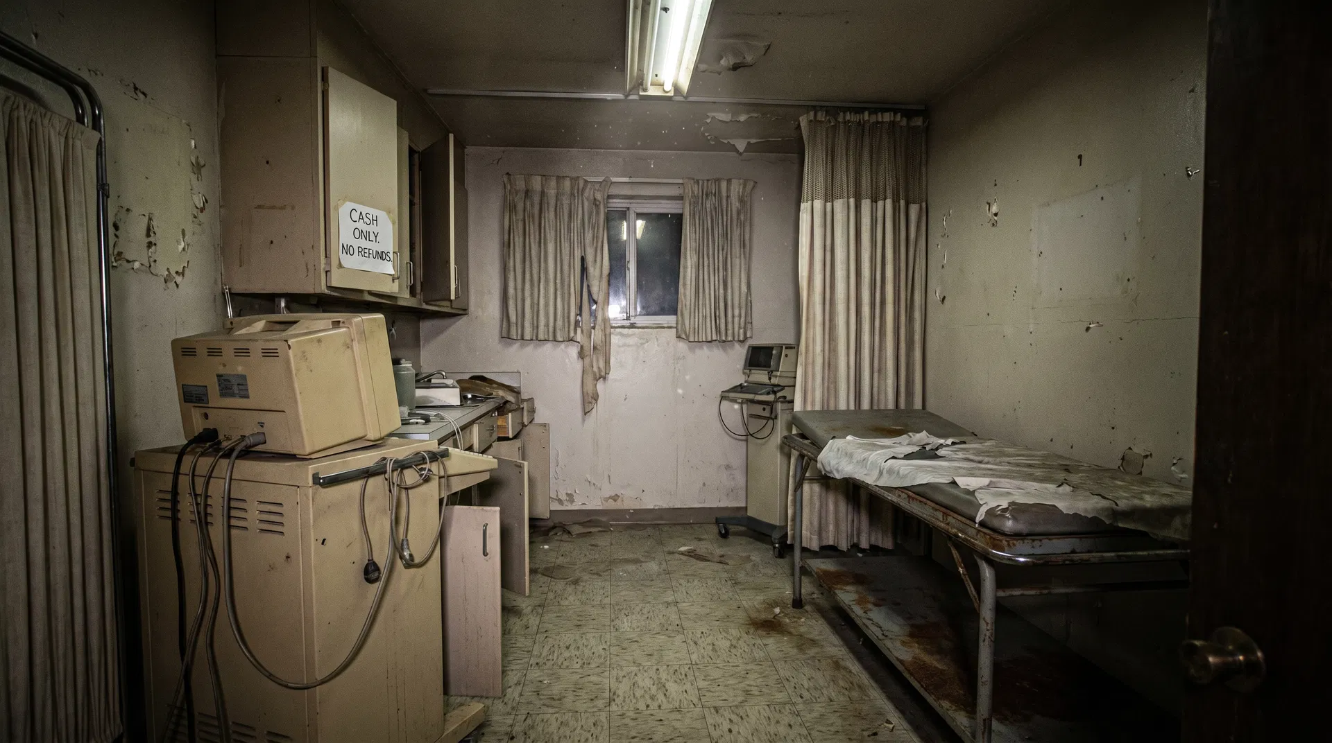 Dimly lit unprofessional clinic room with outdated equipment