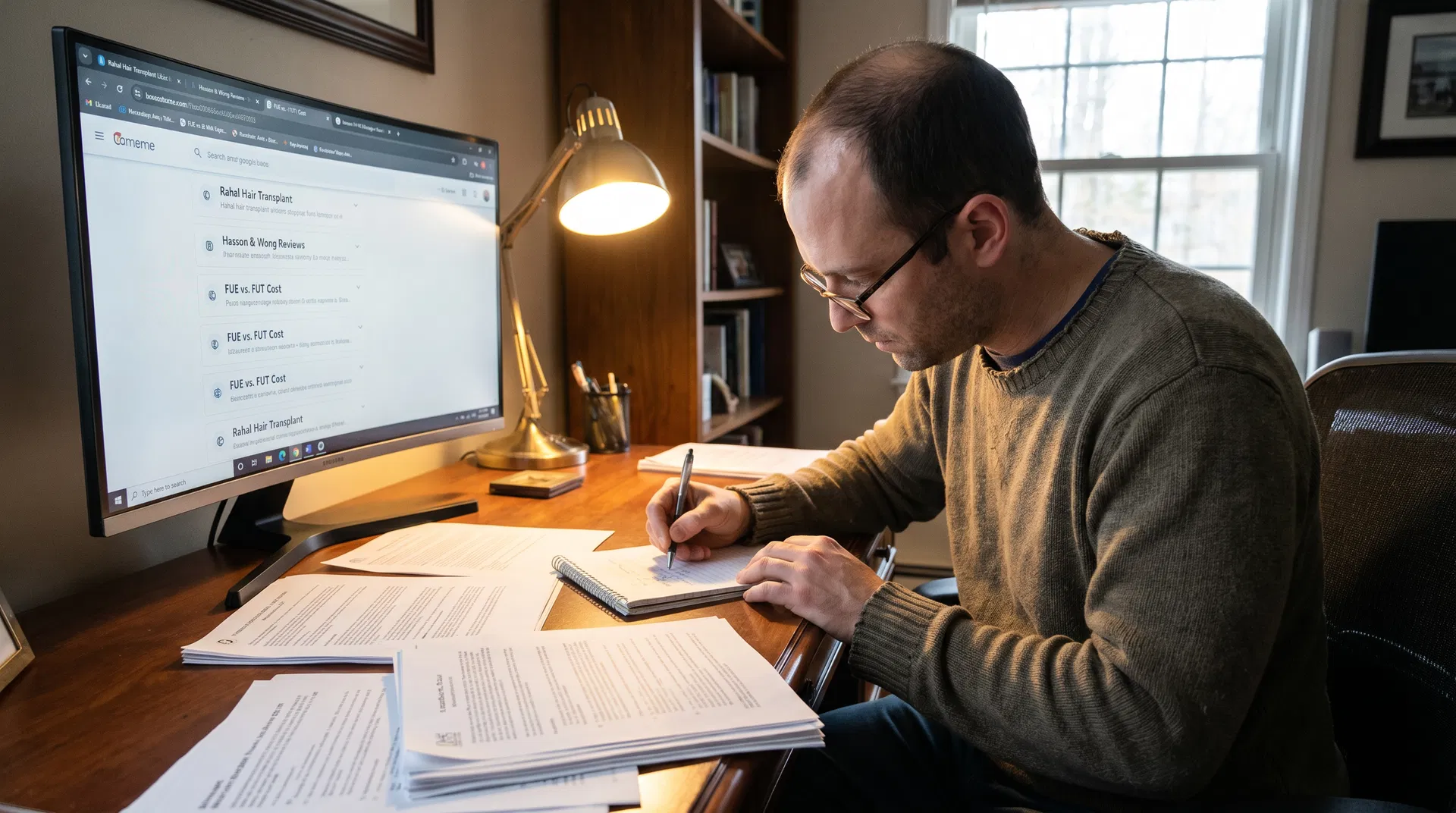 Man carefully researching hair transplant clinics on multiple browser tabs