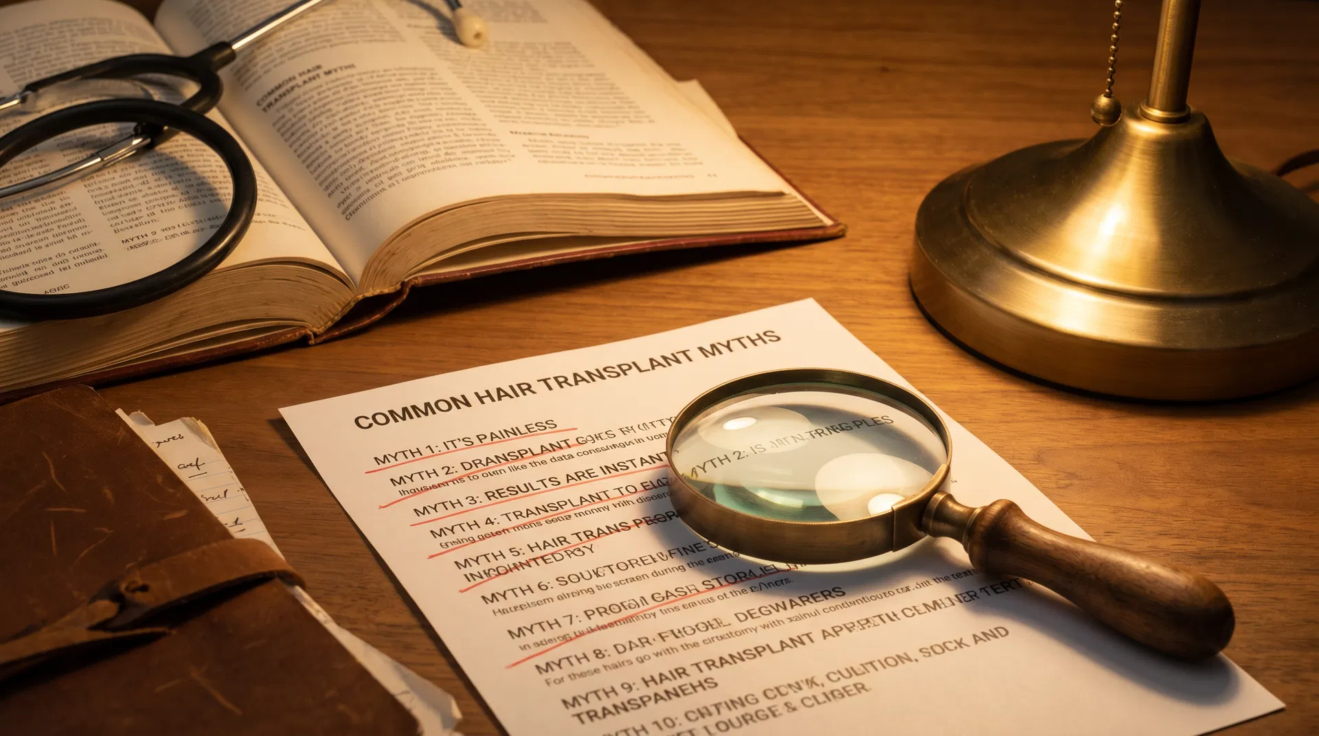 Magnifying glass over list of hair transplant myths with items crossed out