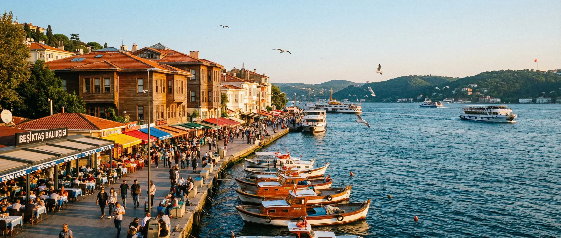 Beşiktaş waterfront neighborhood in Istanbul along the Bosphorus with fishing boats and cafés