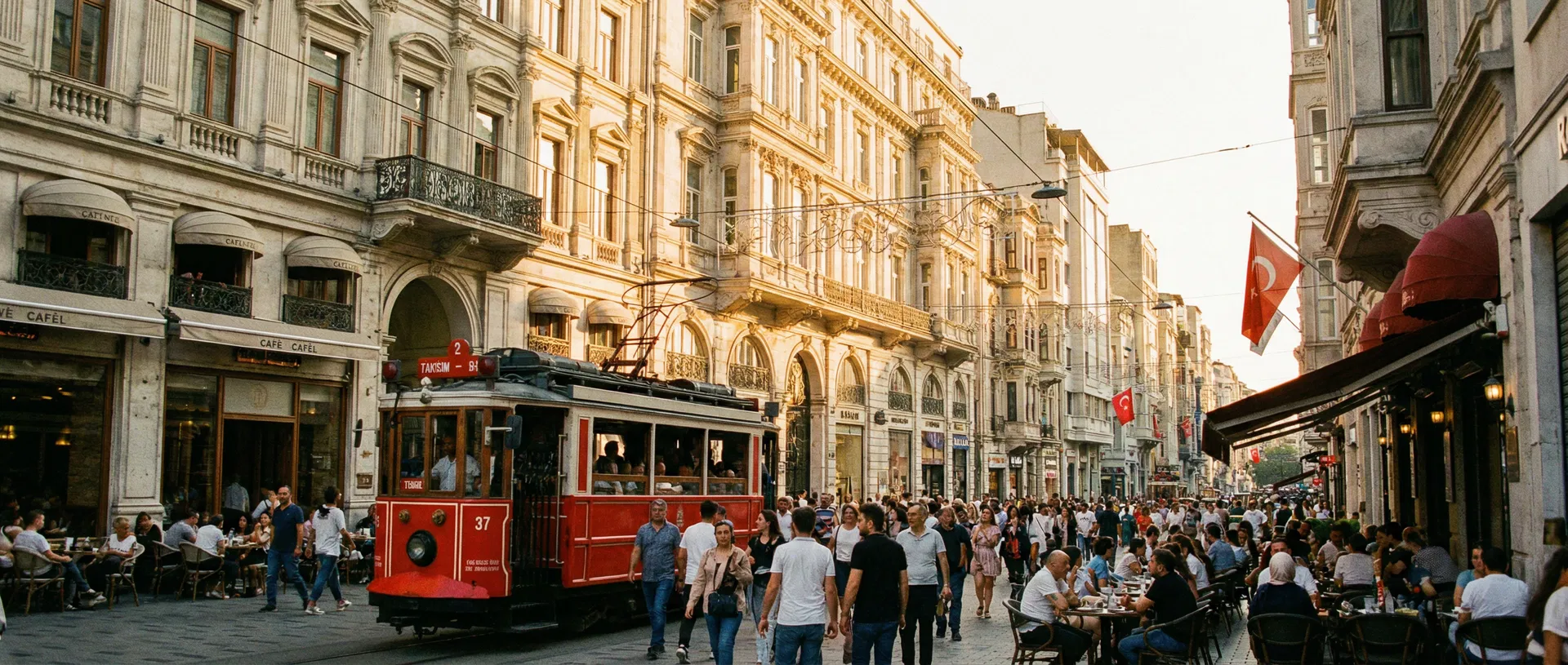 Taksim and Beyoğlu neighborhood in Istanbul with İstiklal Avenue and historic red tramway