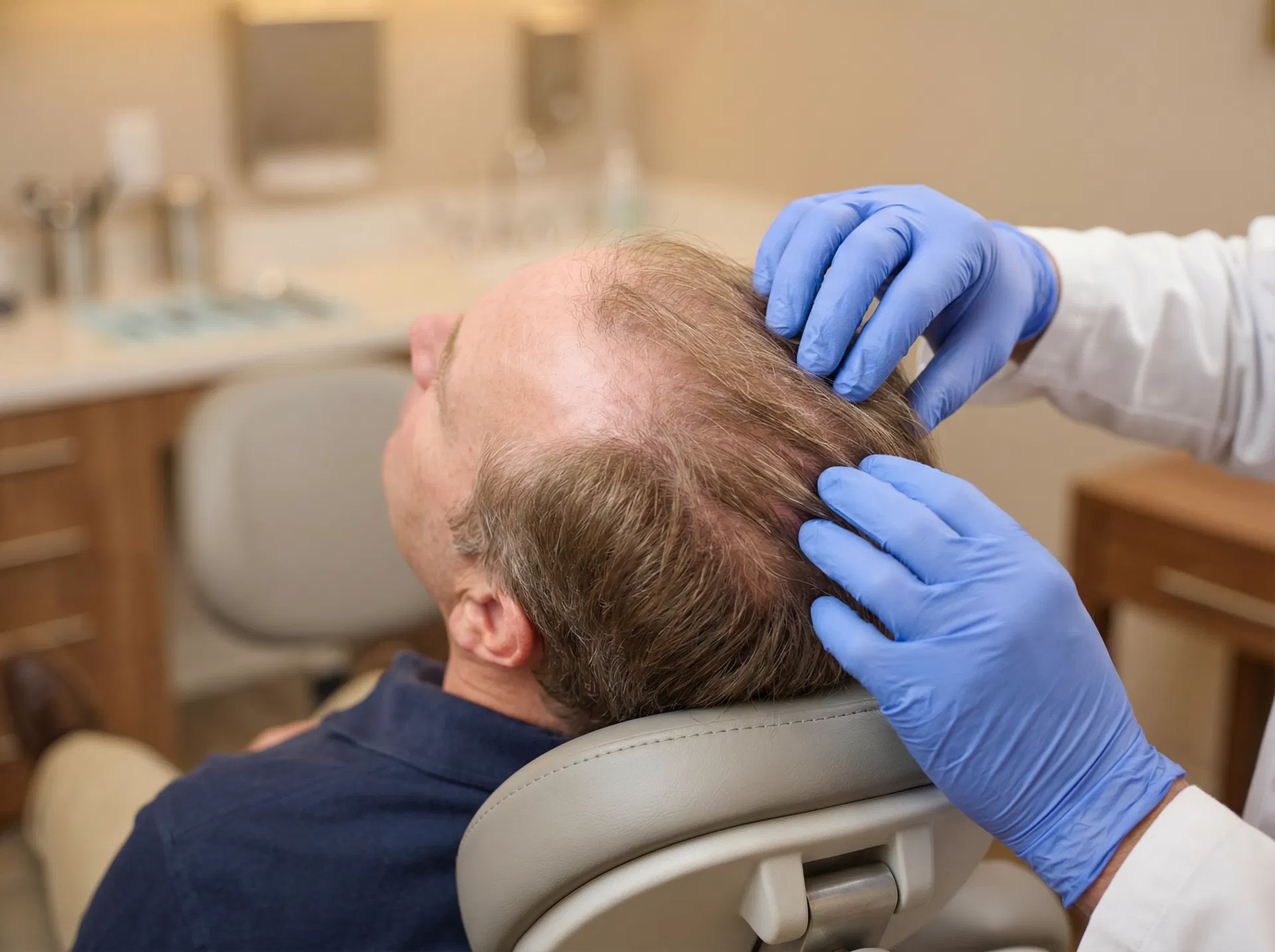 Overhead view of a man's hairline for assessment