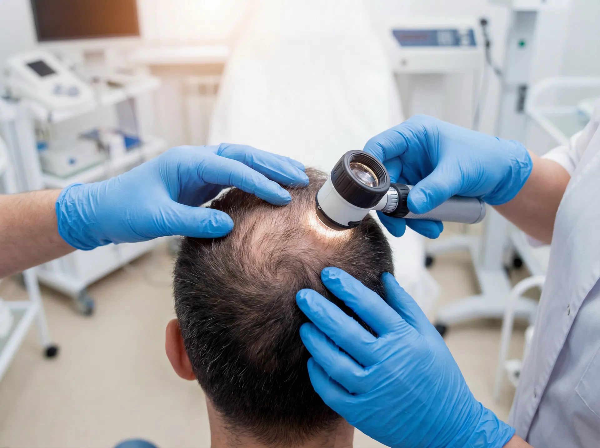 Doctor examining scalp with dermatoscope